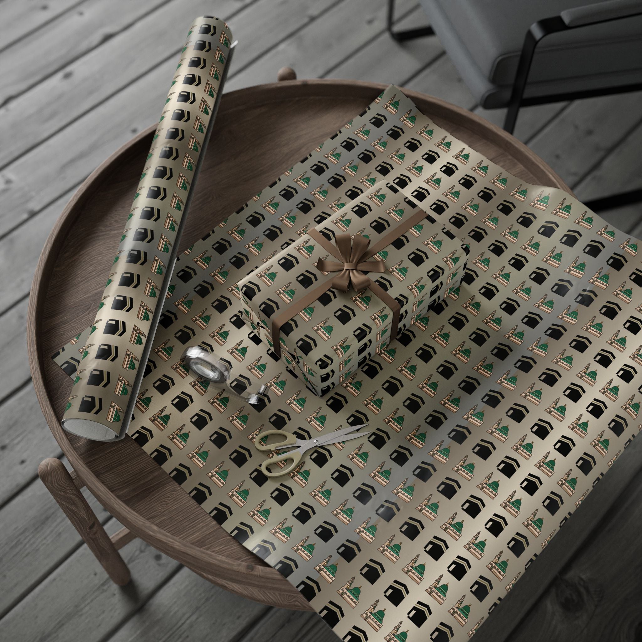 Islamic Gift Wrapping Paper | Kaaba and Prophet's Mosque Gold Wrap | Ramadan Eid Umrah and Hajj Mubarak Gift Wrap | Muslim Presents