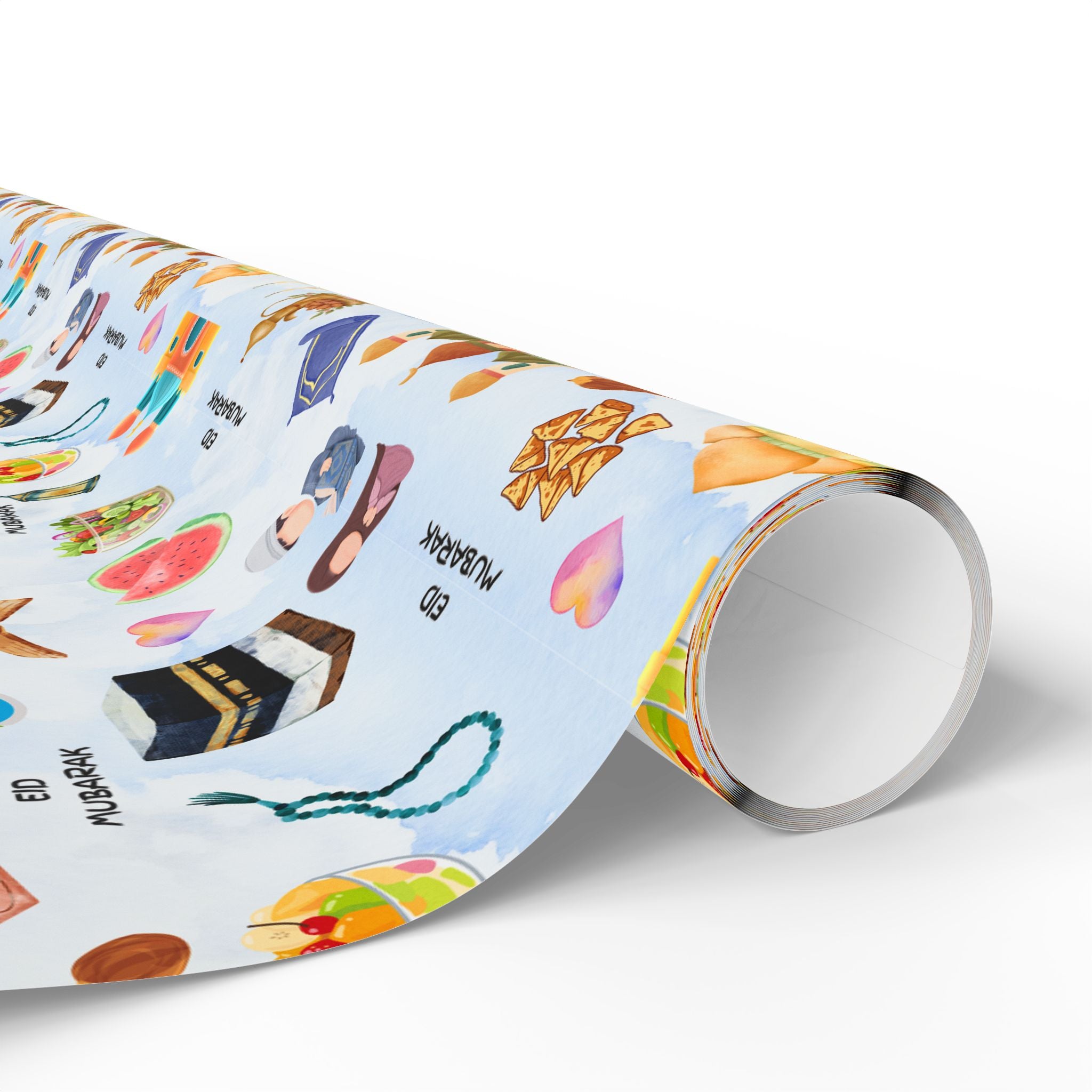 Blue Kids Islamic Gift Wrapping Paper | Colourful Eid Mubarak Gift Wrap | Kaaba, Quran Mosque Design | Muslim Children Gifts