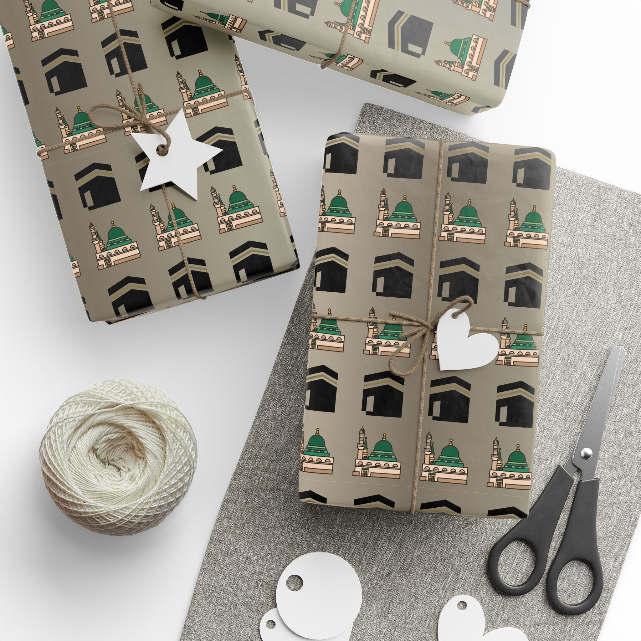 Islamic Gift Wrapping Paper | Kaaba and Prophet's Mosque Gold Wrap | Ramadan Eid Umrah and Hajj Mubarak Gift Wrap | Muslim Presents