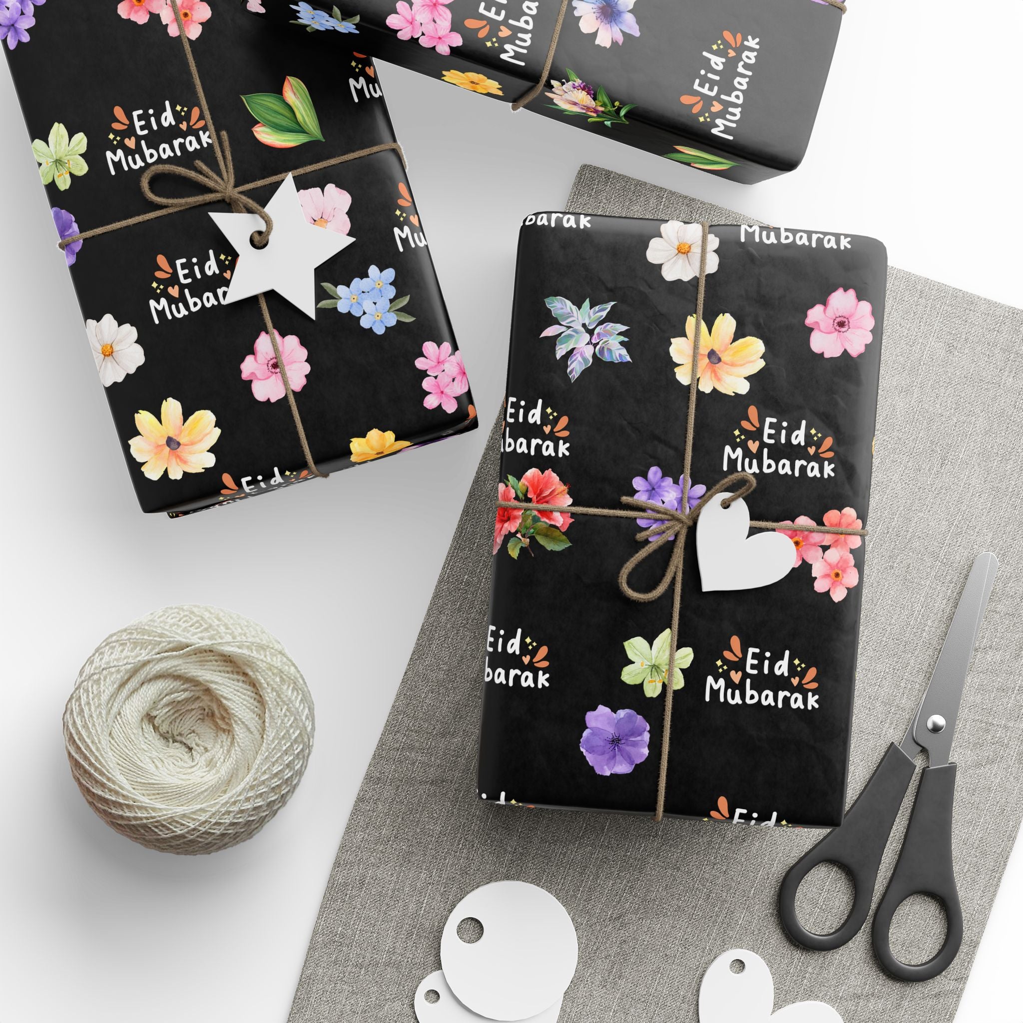 Eid Mubarak Floral Pattern Wrapping Paper | Black Background