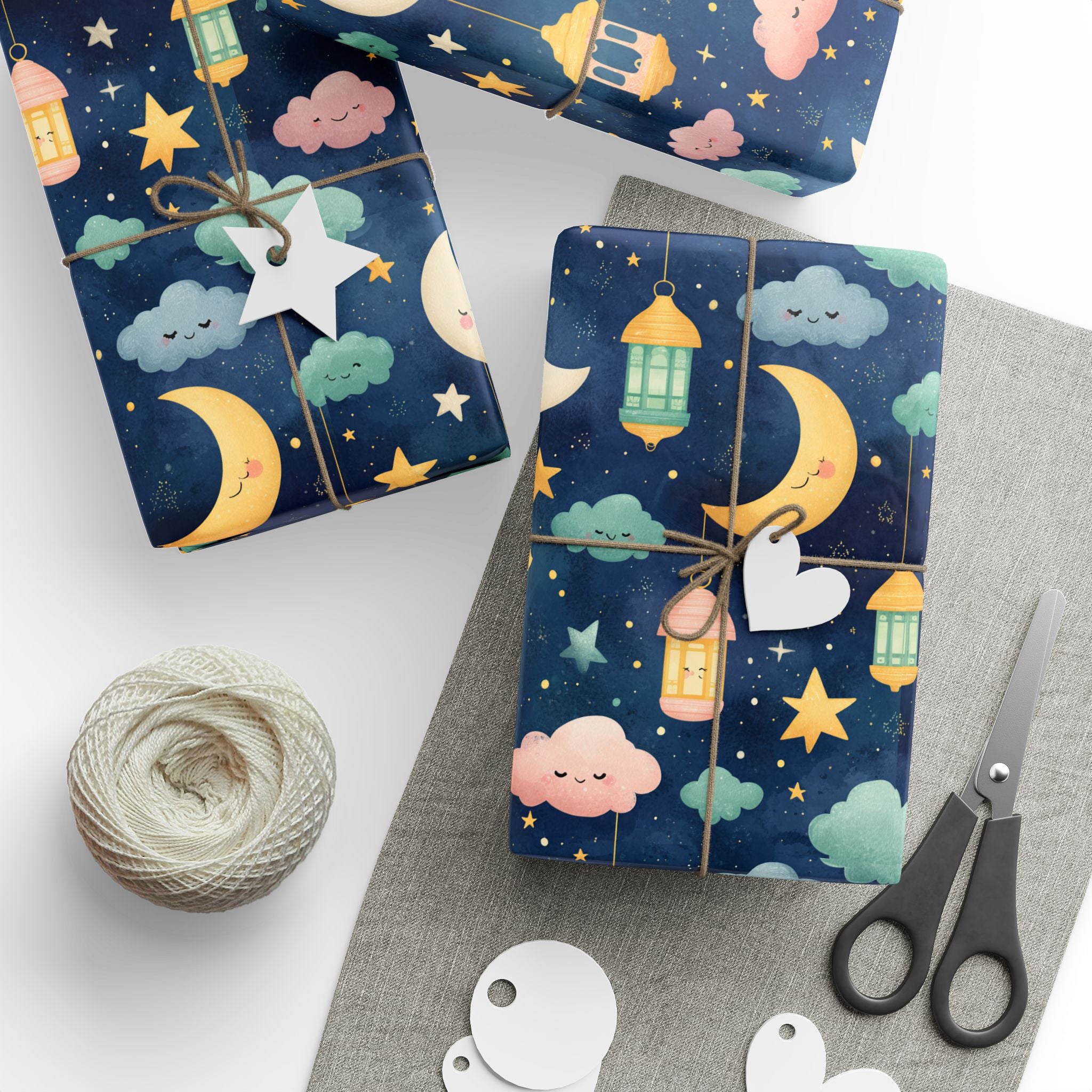 Kids Islamic Wrapping Paper | Eid and Ramadan Gift Wrap with Clouds, Lanterns and Crescents | Cute Muslim Gift Wrap for Children