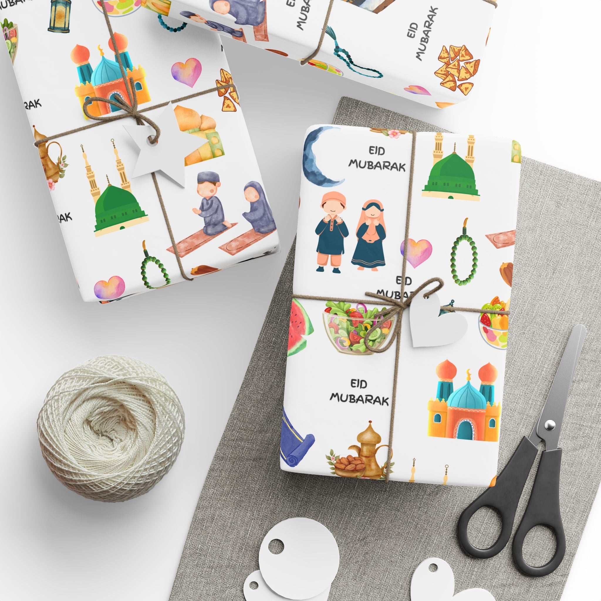 Blue Kids Islamic Gift Wrapping Paper | Colourful Eid Ramadan Gift Wrap | Kaaba, Quran Mosque Design | Muslim Children Gifts
