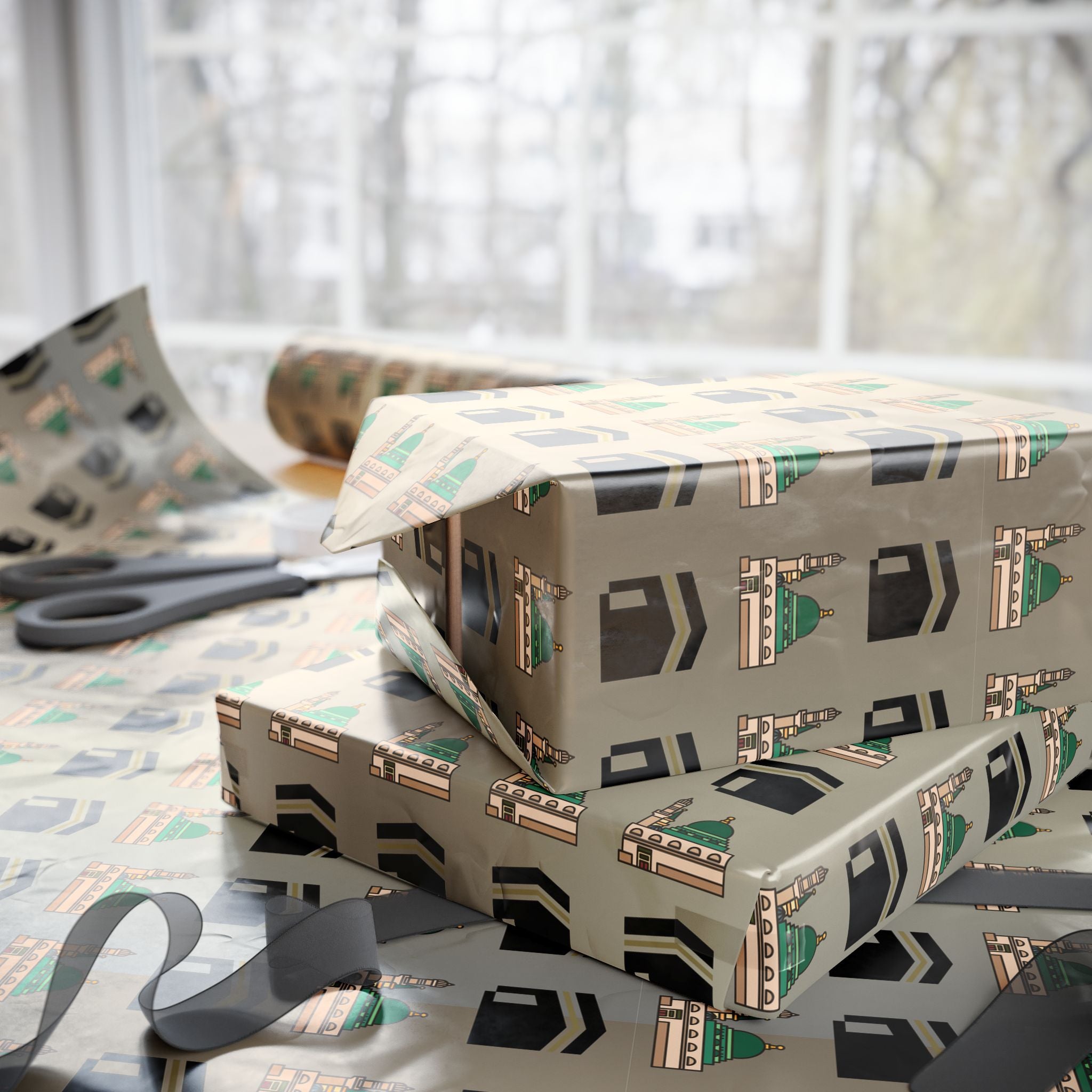 Islamic Gift Wrapping Paper | Kaaba and Prophet's Mosque Gold Wrap | Ramadan Eid Umrah and Hajj Mubarak Gift Wrap | Muslim Presents