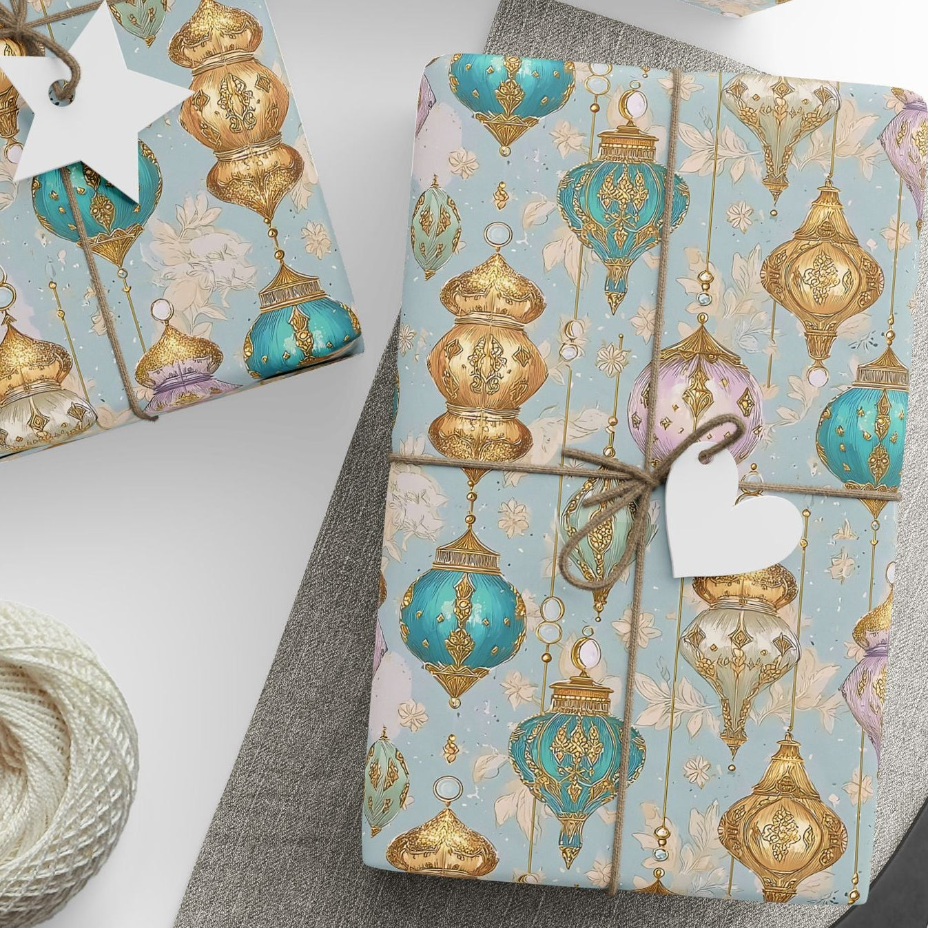 Islamic Wrapping Paper | Eid & Ramadan Lantern Gift Wrap with Gold Trim | Luxury Elegant Wrapping Paper for Special Occasions
