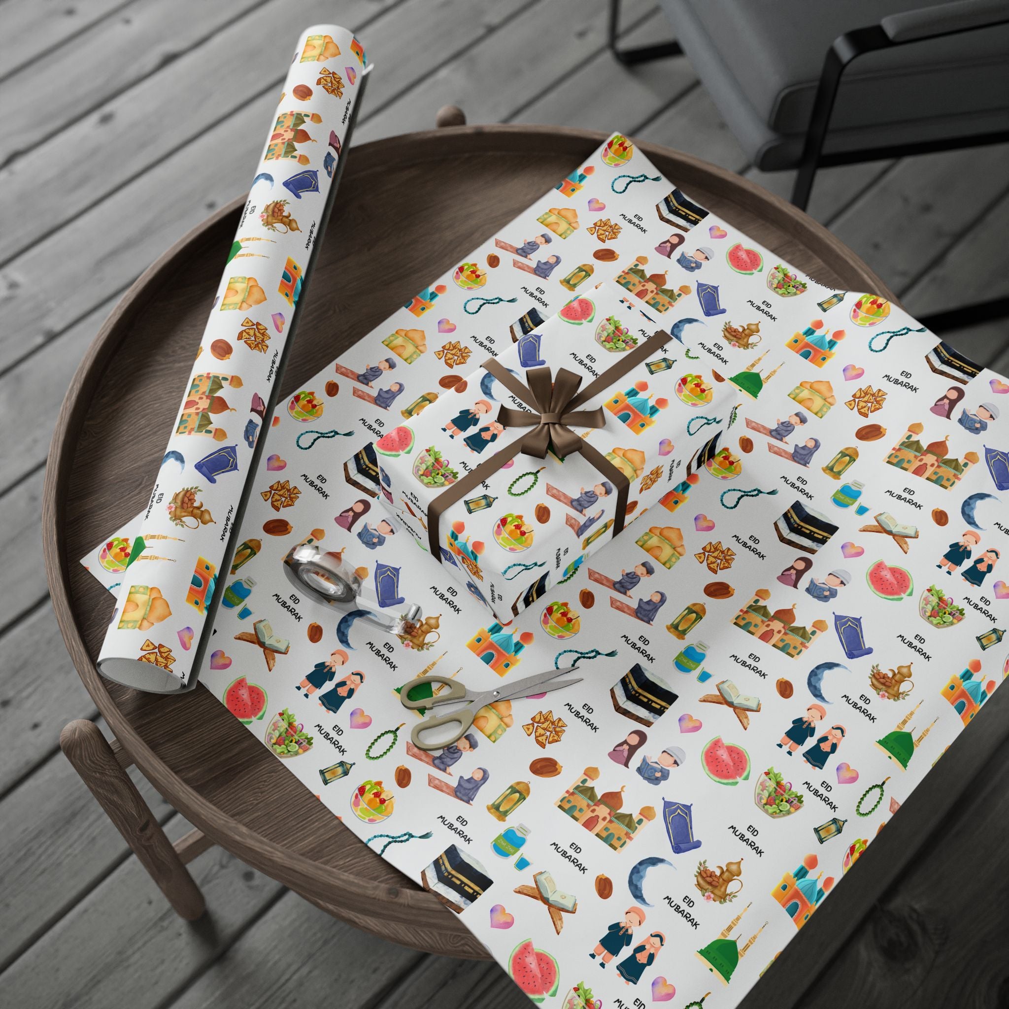 Blue Kids Islamic Gift Wrapping Paper | Colourful Eid Ramadan Gift Wrap | Kaaba, Quran Mosque Design | Muslim Children Gifts