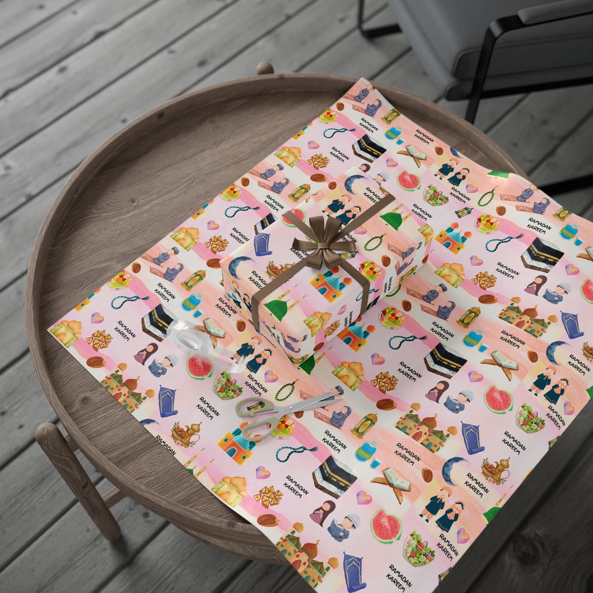 Pink Kids Islamic Gift Wrapping Paper | Colourful Ramadan Gift Wrap | Kaaba, Quran Mosque Design | Muslim Children Gifts