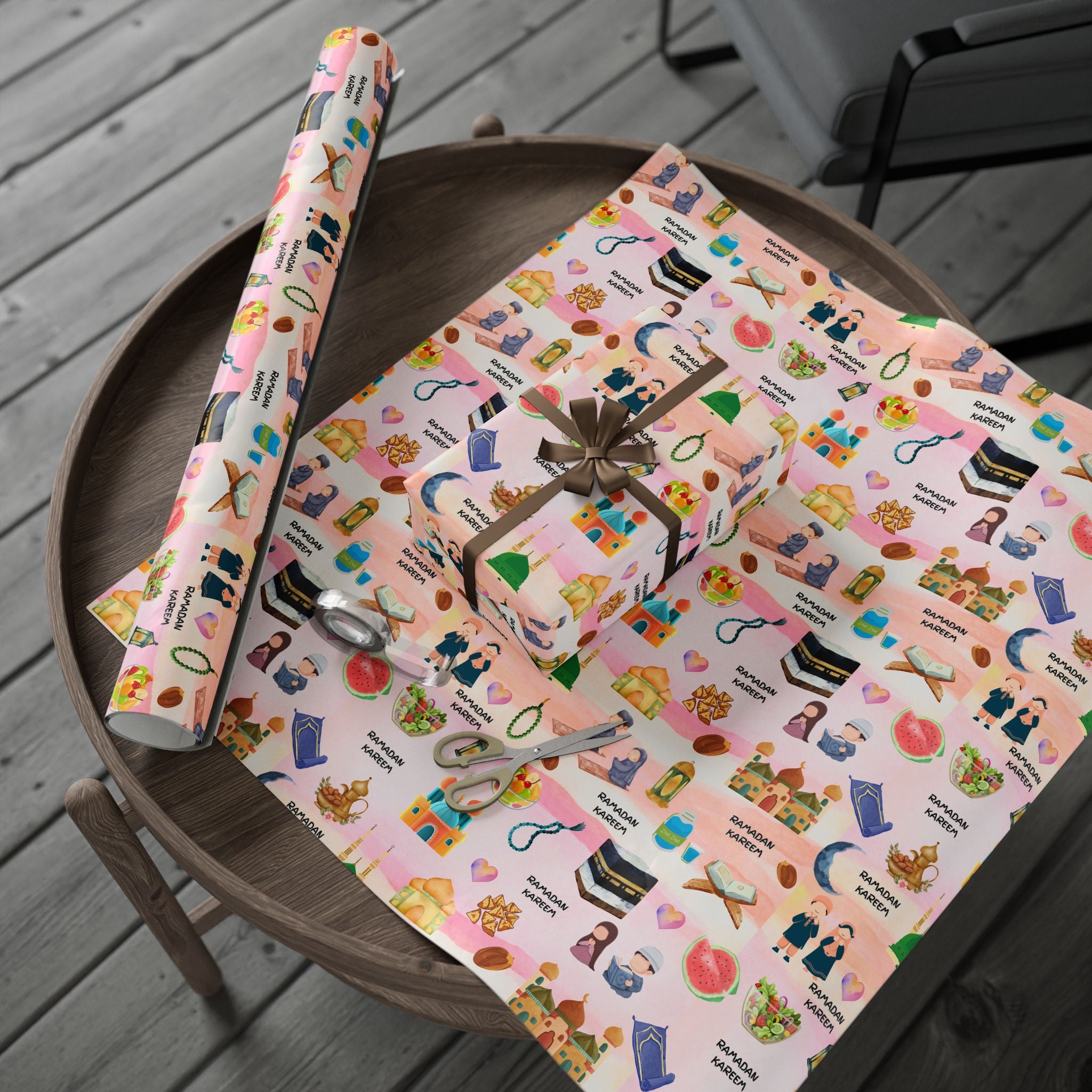 Pink Kids Islamic Gift Wrapping Paper | Colourful Ramadan Gift Wrap | Kaaba, Quran Mosque Design | Muslim Children Gifts