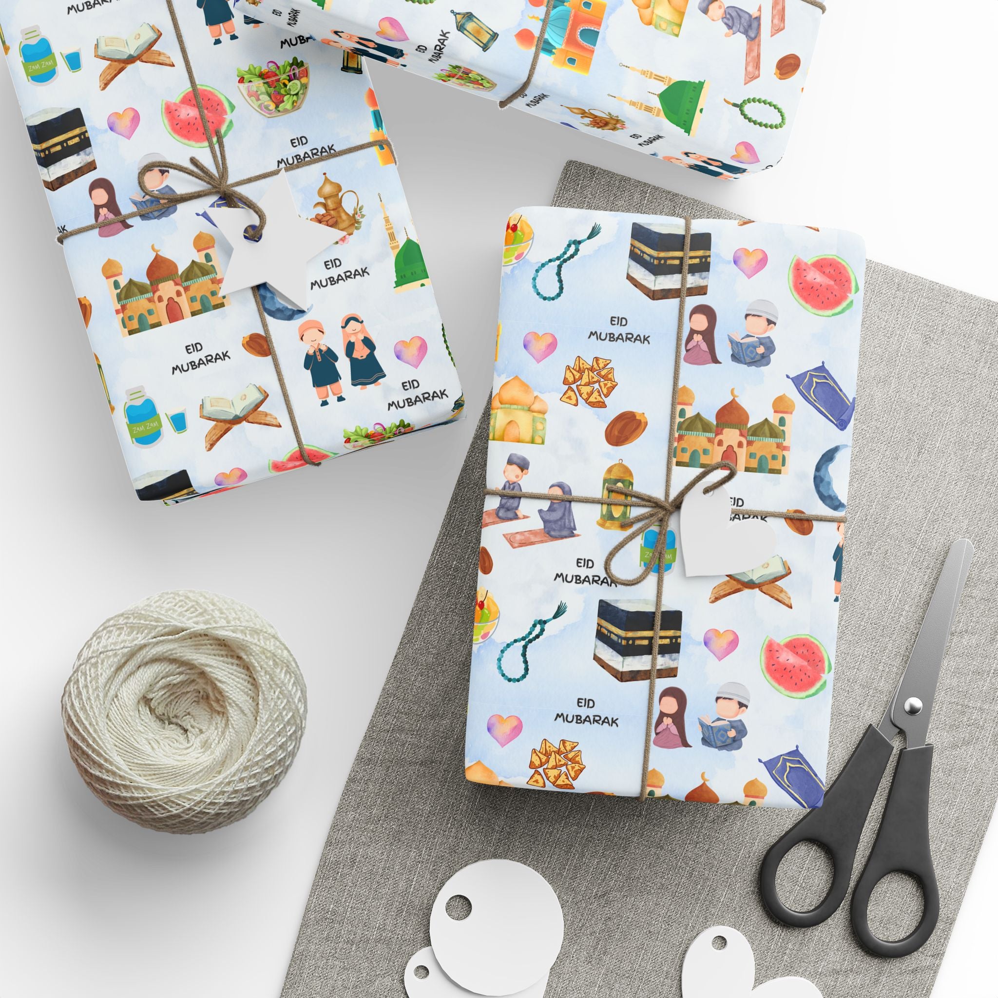 Blue Kids Islamic Gift Wrapping Paper | Colourful Eid Mubarak Gift Wrap | Kaaba, Quran Mosque Design | Muslim Children Gifts