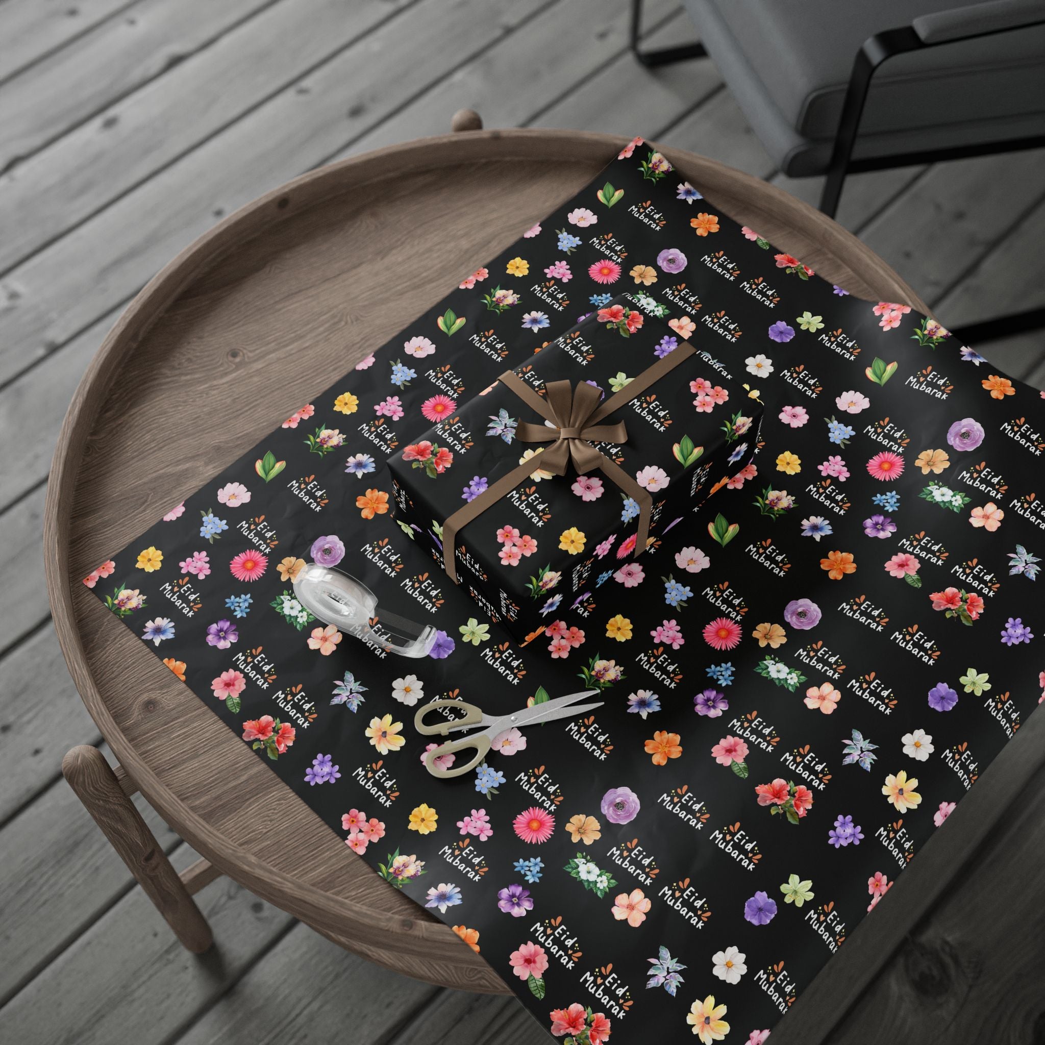 Eid Mubarak Floral Pattern Wrapping Paper | Black Background