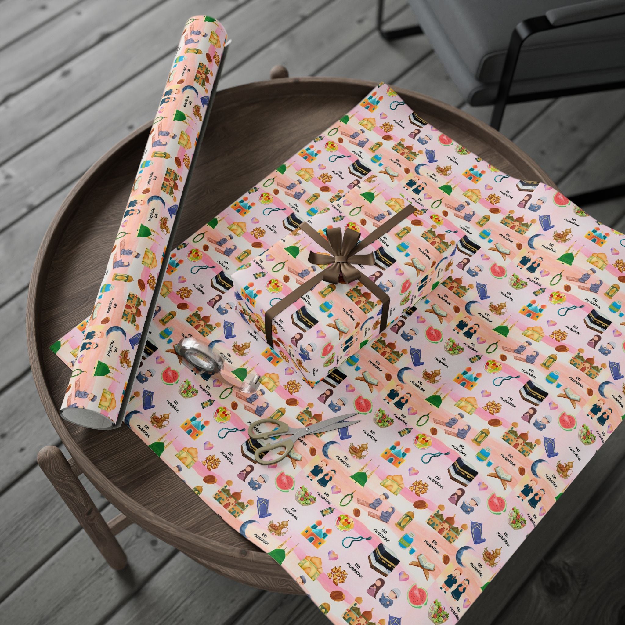 Pink Kids Islamic Gift Wrapping Paper | Colourful Eid Mubarak Gift Wrap | Kaaba, Quran Mosque Design | Muslim Children Gifts