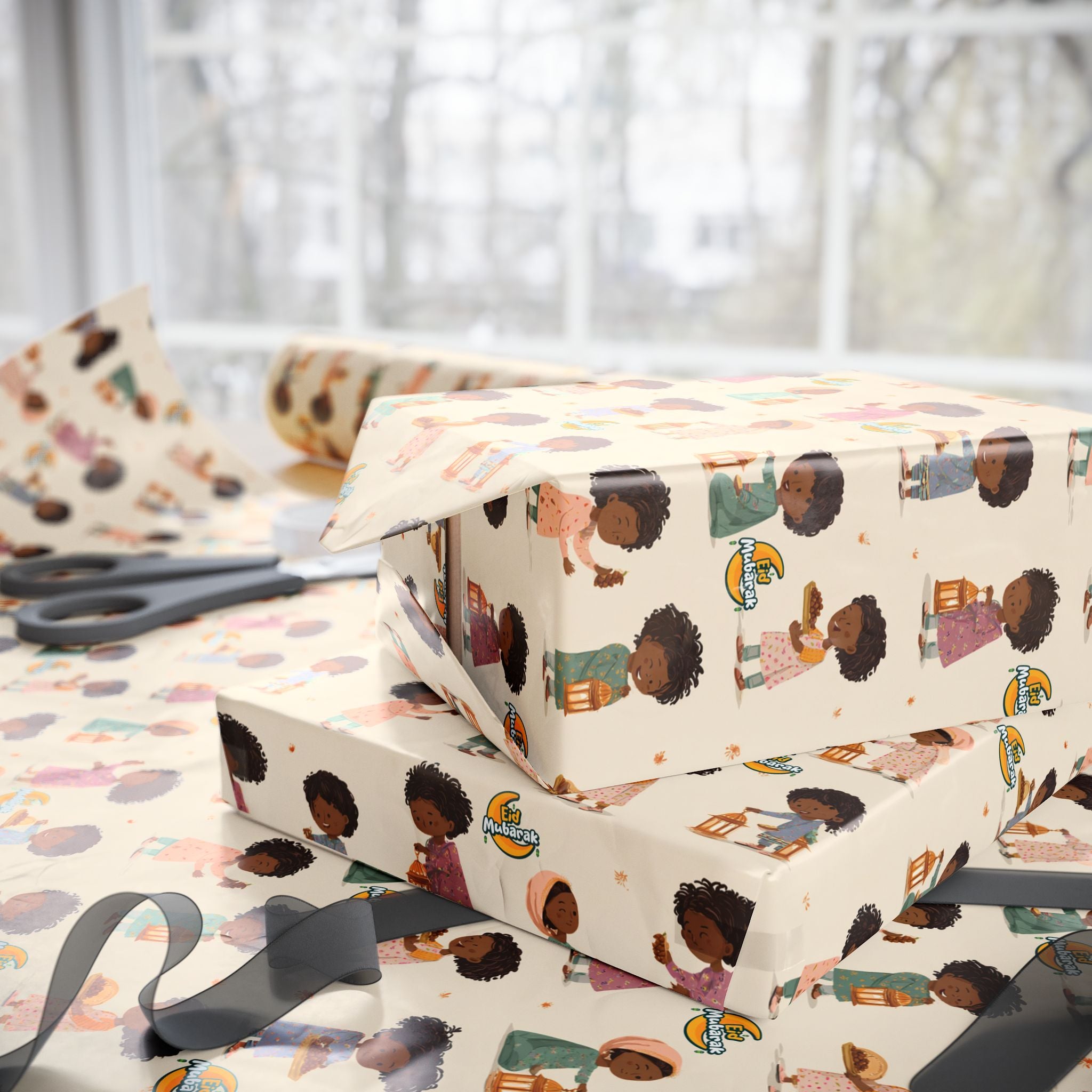 Eid Mubarak Kids Wrapping Paper | Inclusive Black Muslim Children, Lanterns and Eid Treats