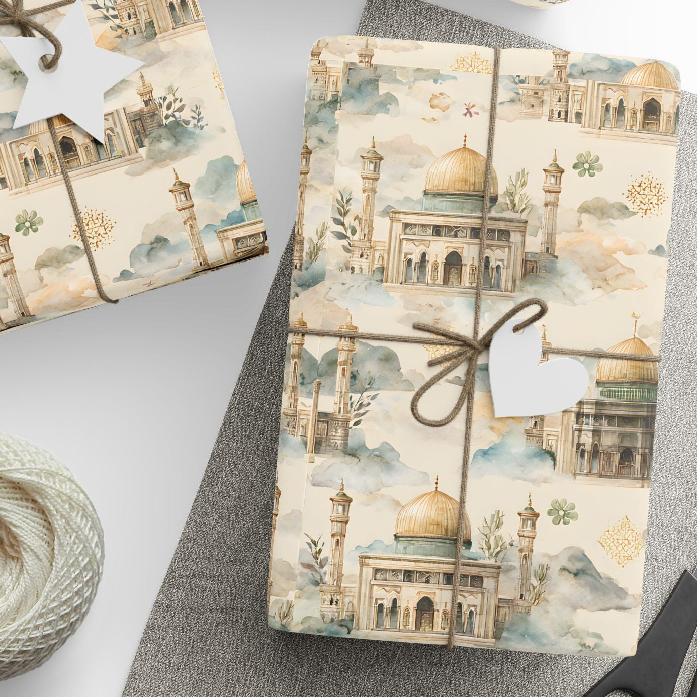 Islamic Gift Wrapping Paper |  Watercolor Mosque Design Wrap | Ramadan Eid Umrah and Hajj Mubarak Gift Wrap | Muslim Presents