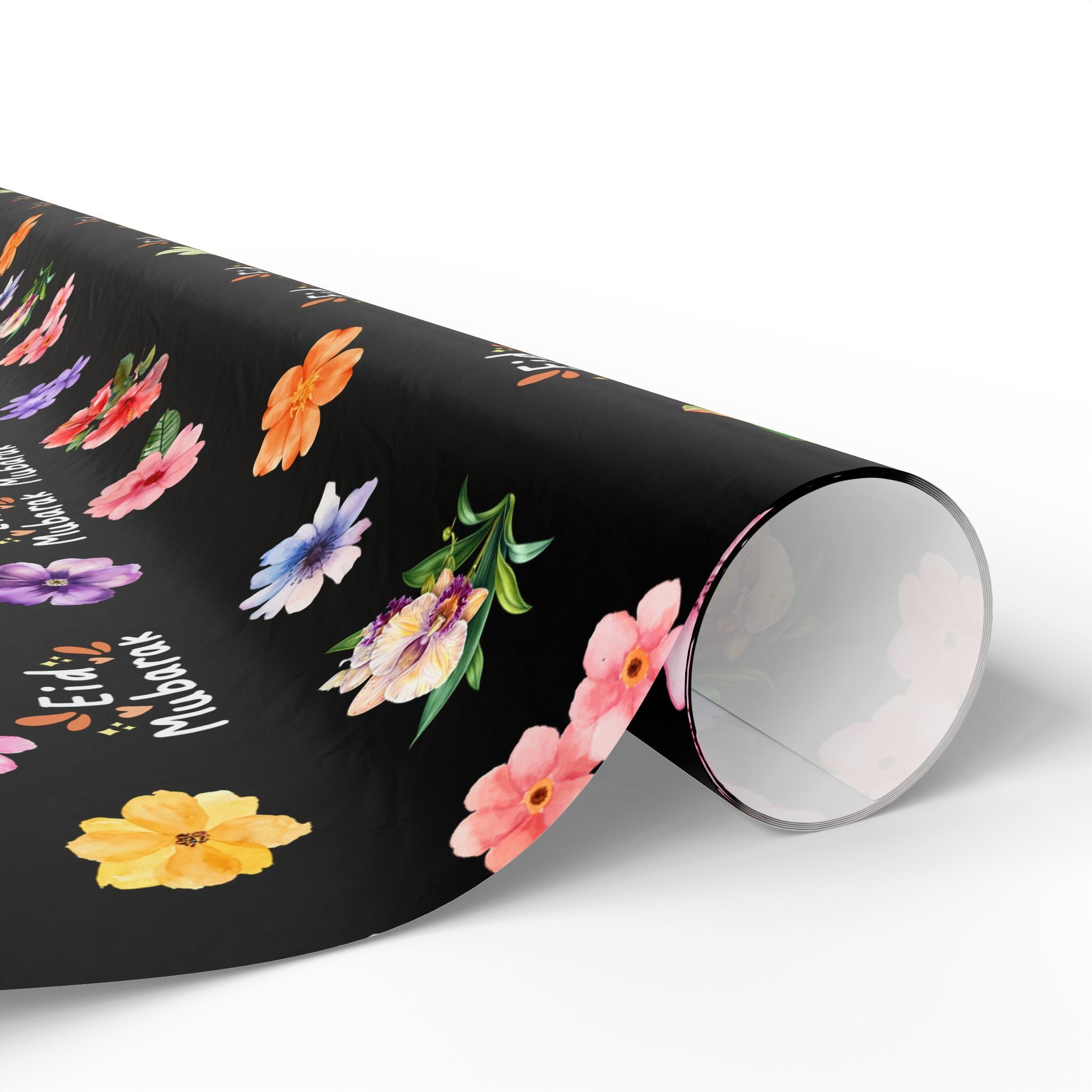 Eid Mubarak Floral Pattern Wrapping Paper | Black Background