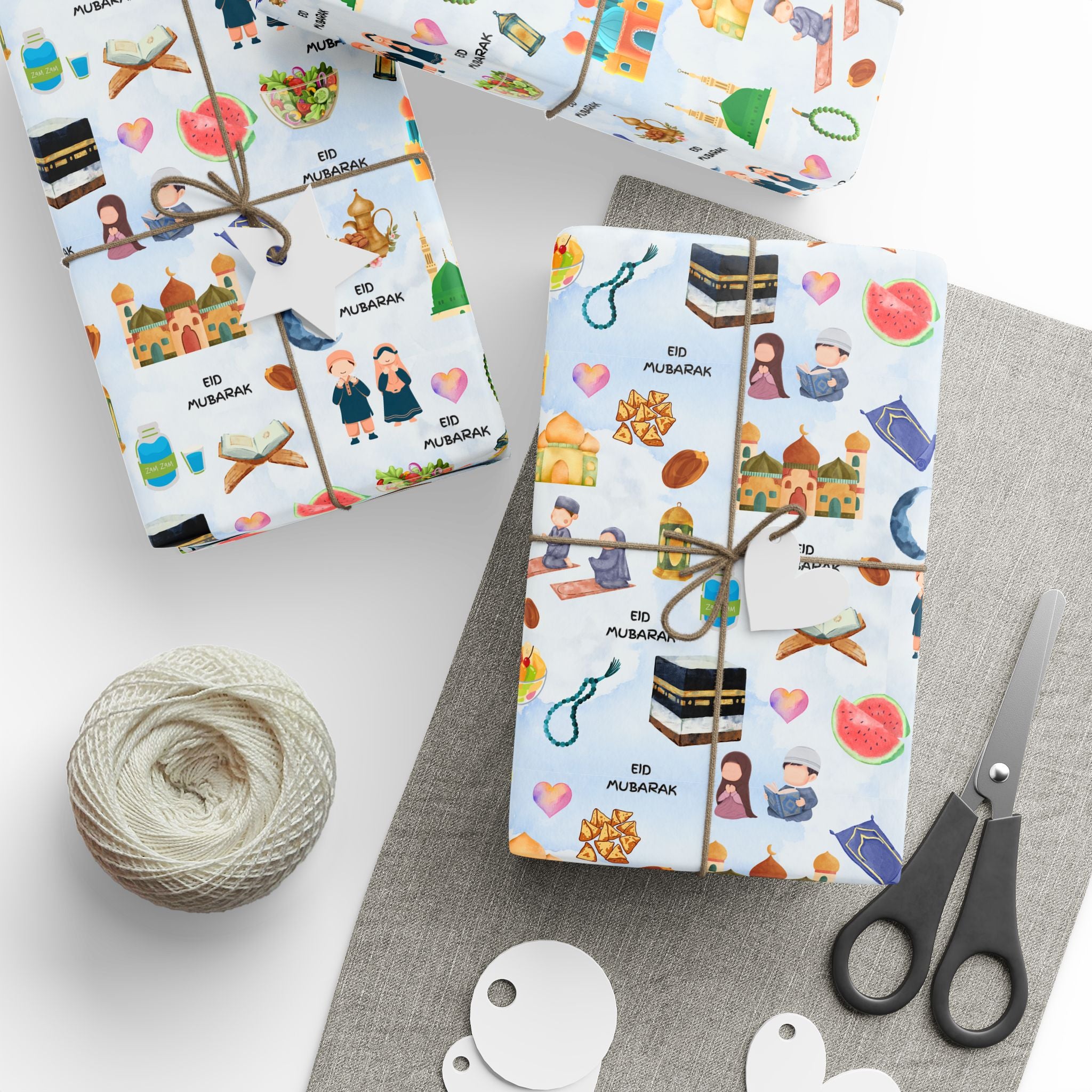 Blue Kids Islamic Gift Wrapping Paper | Colourful Eid Mubarak Gift Wrap | Kaaba, Quran Mosque Design | Muslim Children Gifts