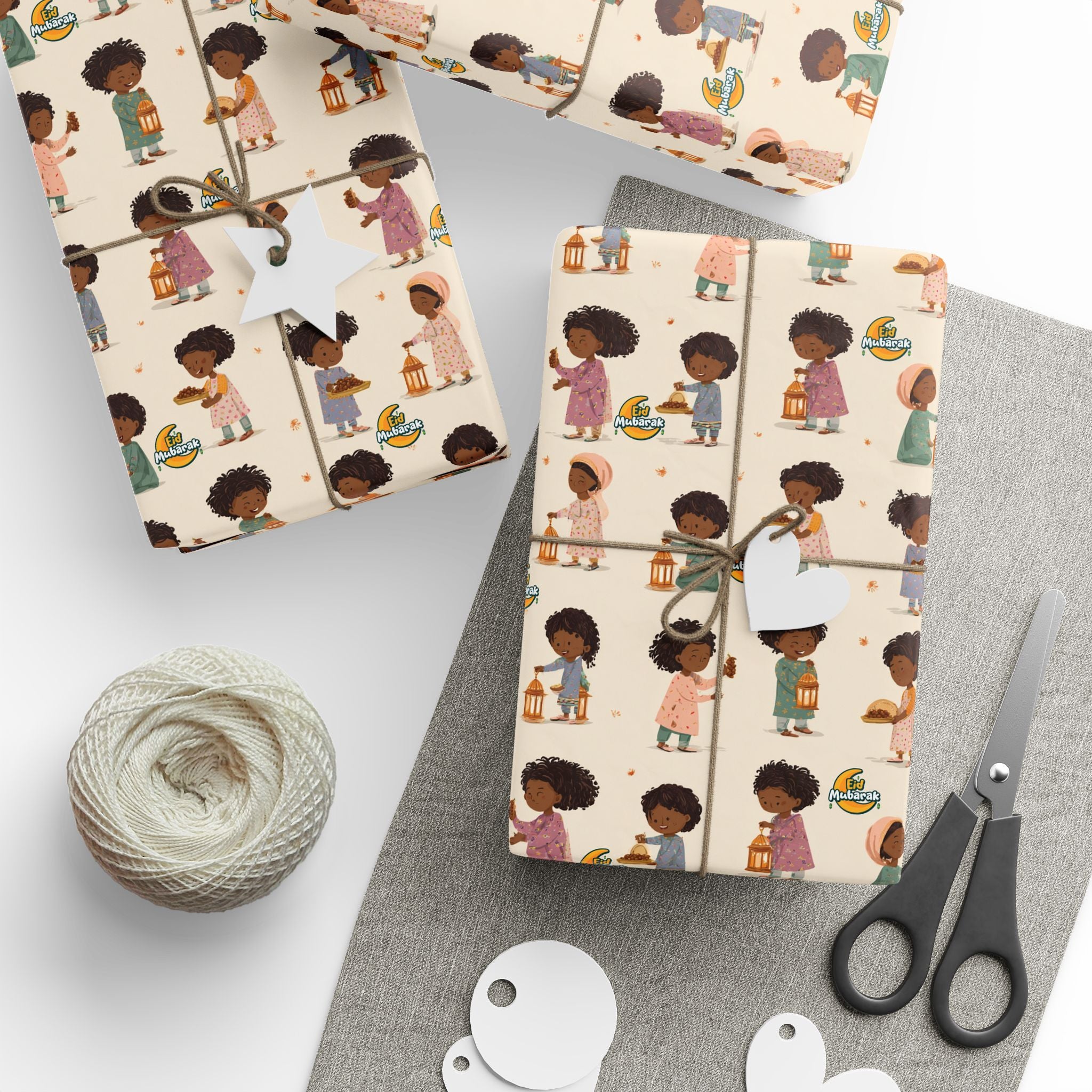 Eid Mubarak Kids Wrapping Paper | Inclusive Black Muslim Children, Lanterns and Eid Treats