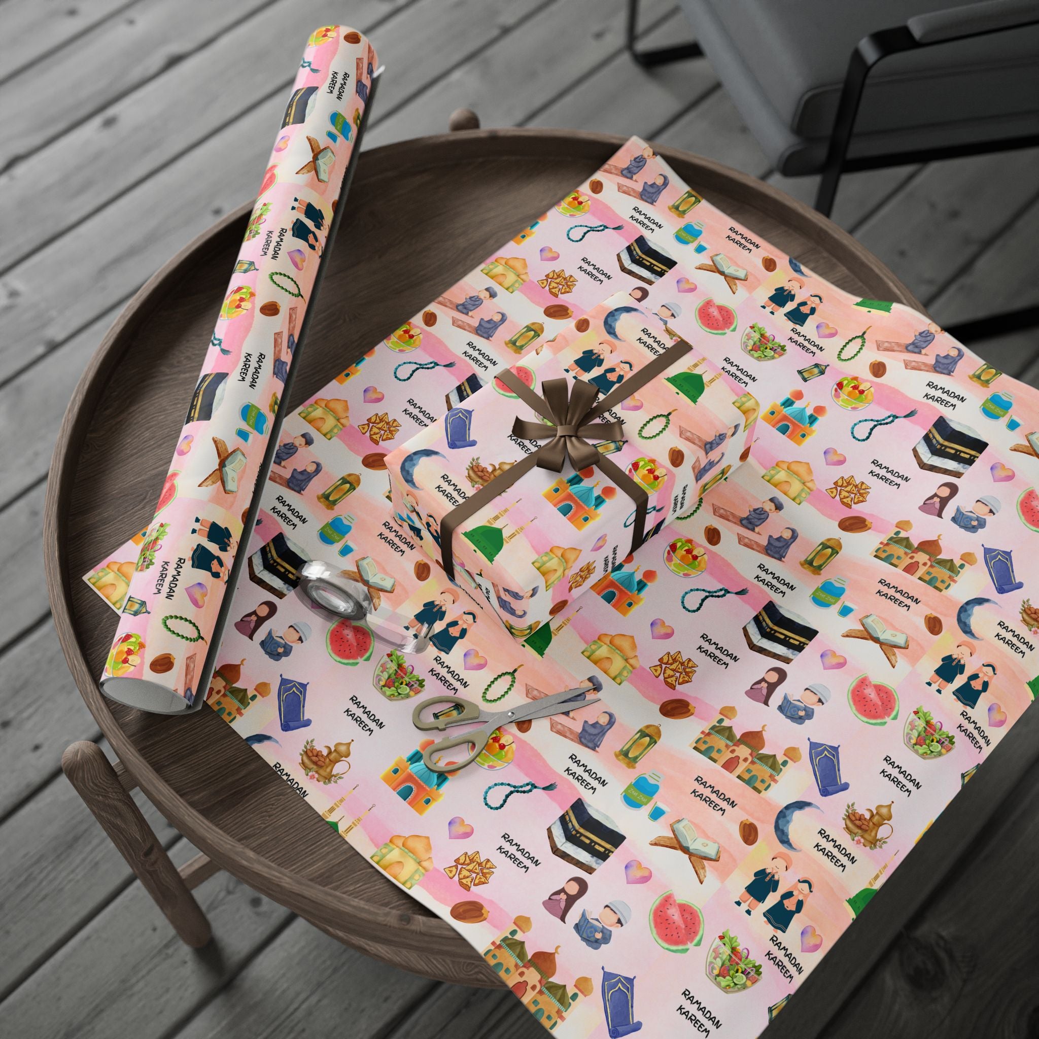 Pink Kids Islamic Gift Wrapping Paper | Colourful Ramadan Gift Wrap | Kaaba, Quran Mosque Design | Muslim Children Gifts