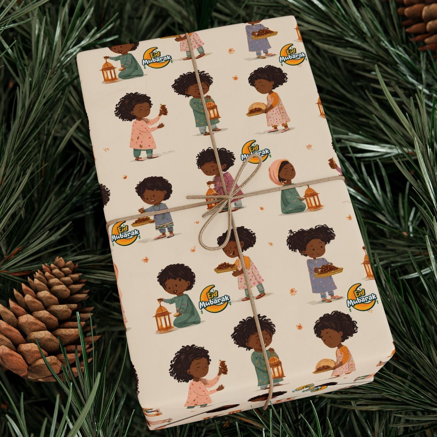 Eid Mubarak Kids Wrapping Paper | Inclusive Black Muslim Children, Lanterns and Eid Treats