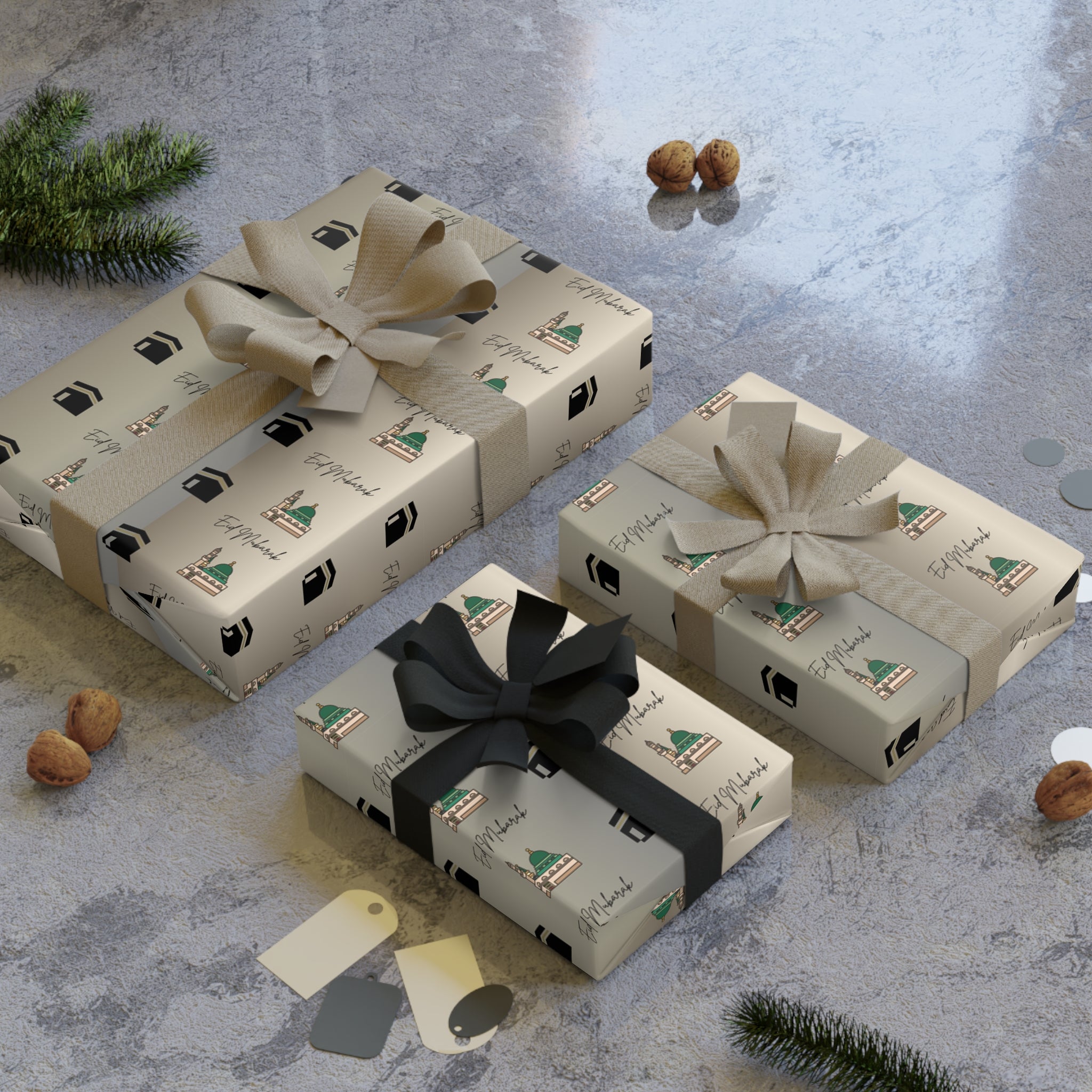 Eid Mubarak Gift Wrap | Islamic Gift Wrapping Paper | Kaaba and Prophet's Mosque Gold Wrap |  Muslim Presents
