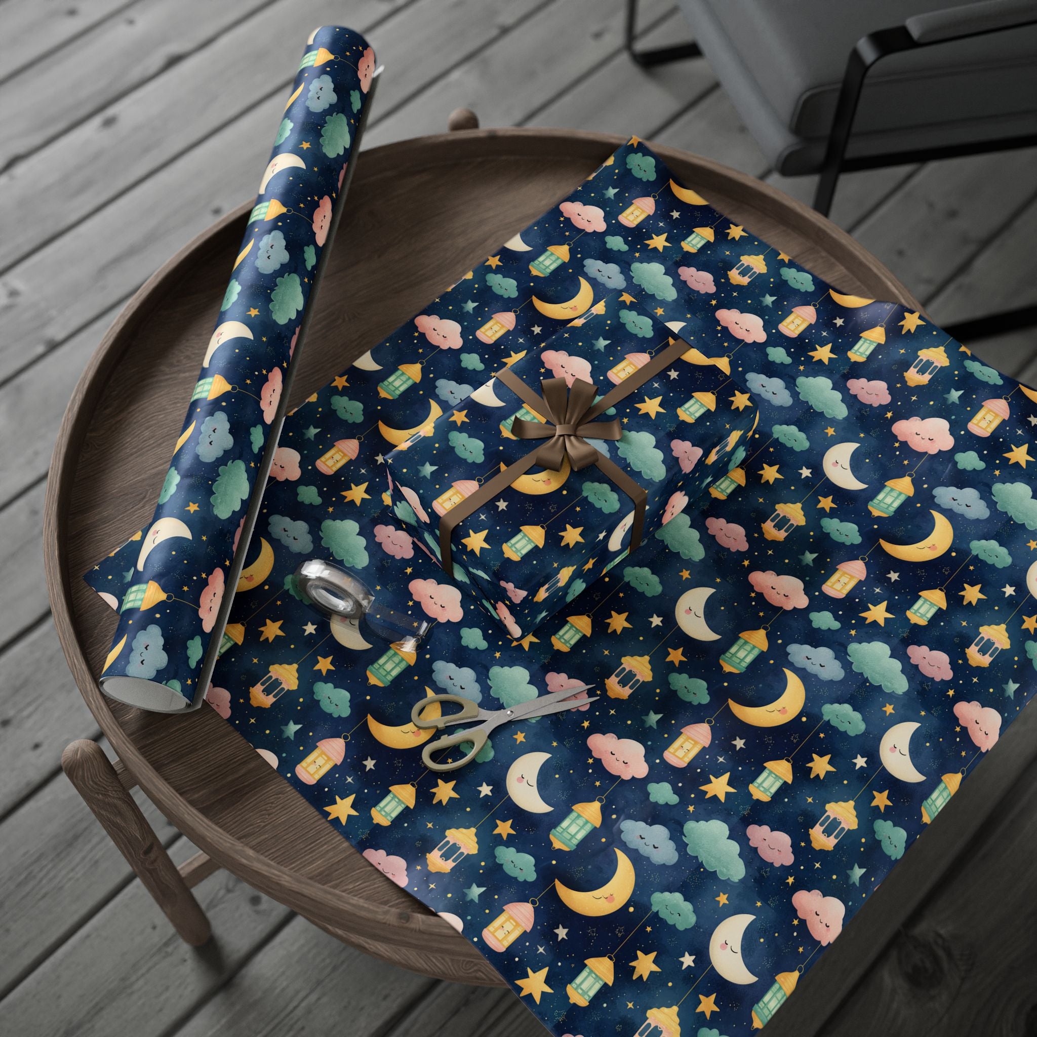 Kids Islamic Wrapping Paper | Eid and Ramadan Gift Wrap with Clouds, Lanterns and Crescents | Cute Muslim Gift Wrap for Children