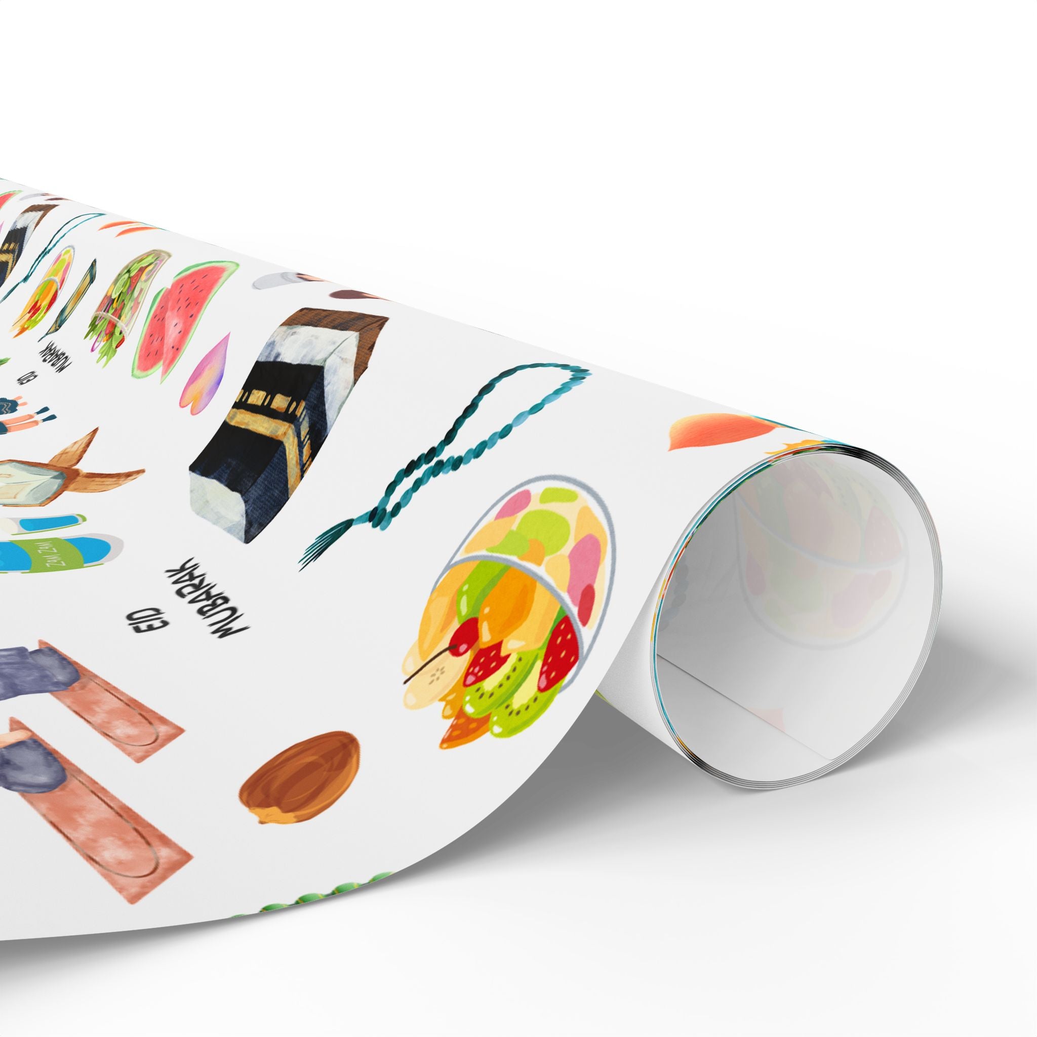 White Kids Islamic Gift Wrapping Paper | Colourful Eid Ramadan Gift Wrap | Kaaba, Quran Mosque Design | Muslim Children Gifts