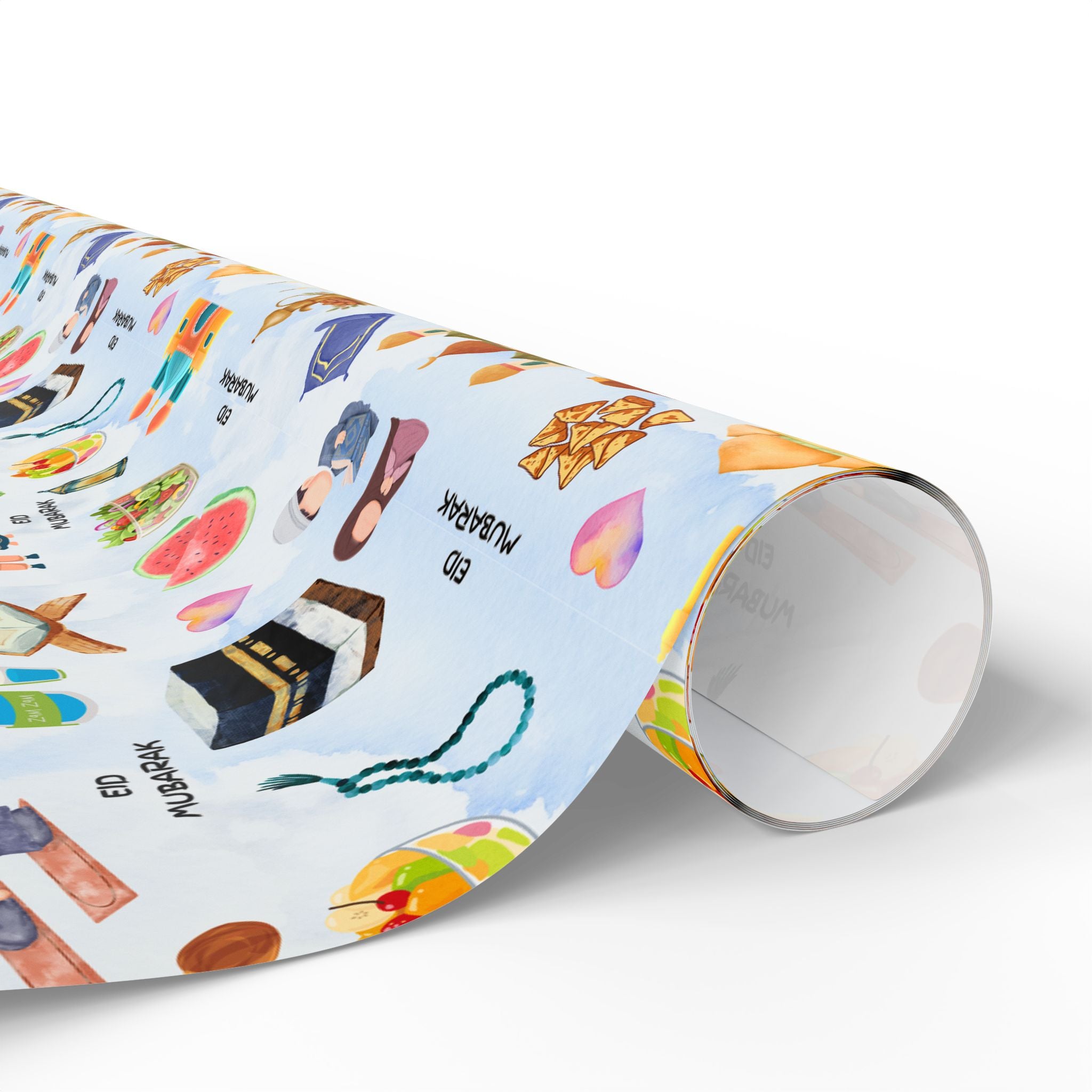 Blue Kids Islamic Gift Wrapping Paper | Colourful Eid Mubarak Gift Wrap | Kaaba, Quran Mosque Design | Muslim Children Gifts
