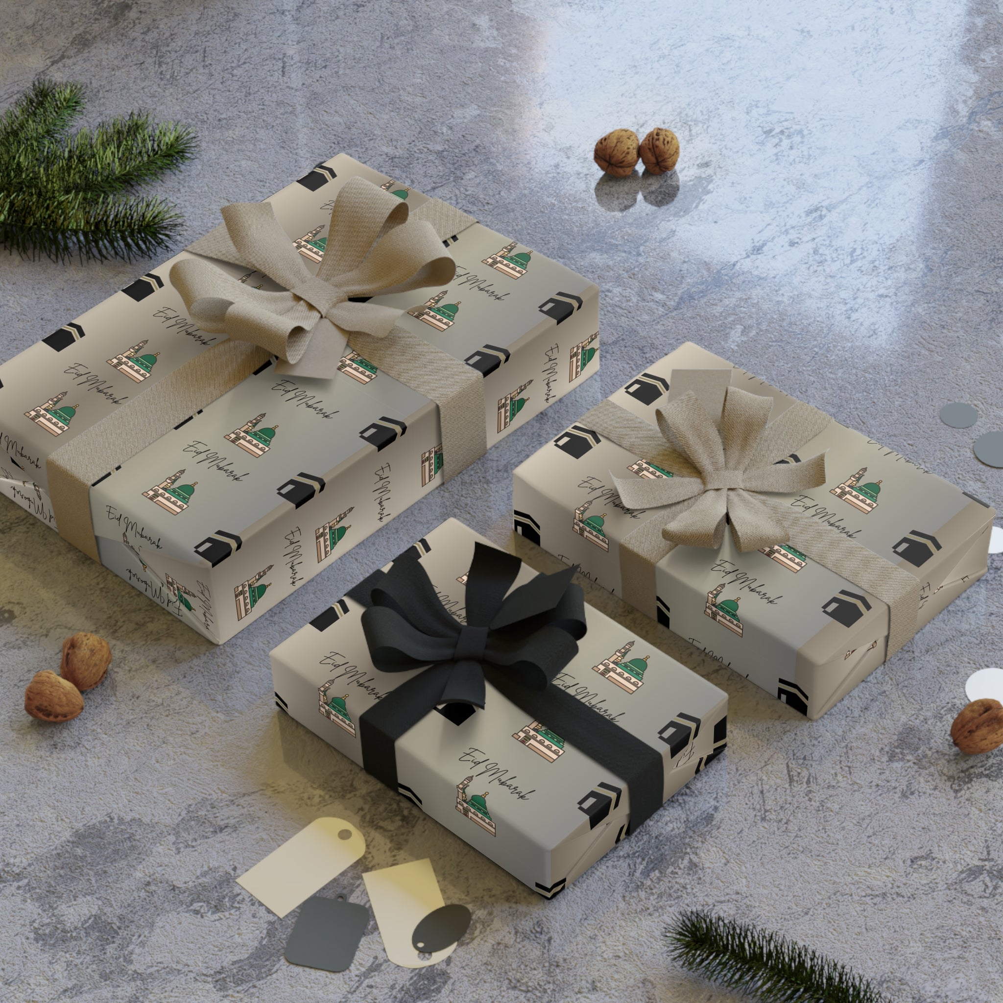 Eid Mubarak Gift Wrap | Islamic Gift Wrapping Paper | Kaaba and Prophet's Mosque Gold Wrap |  Muslim Presents