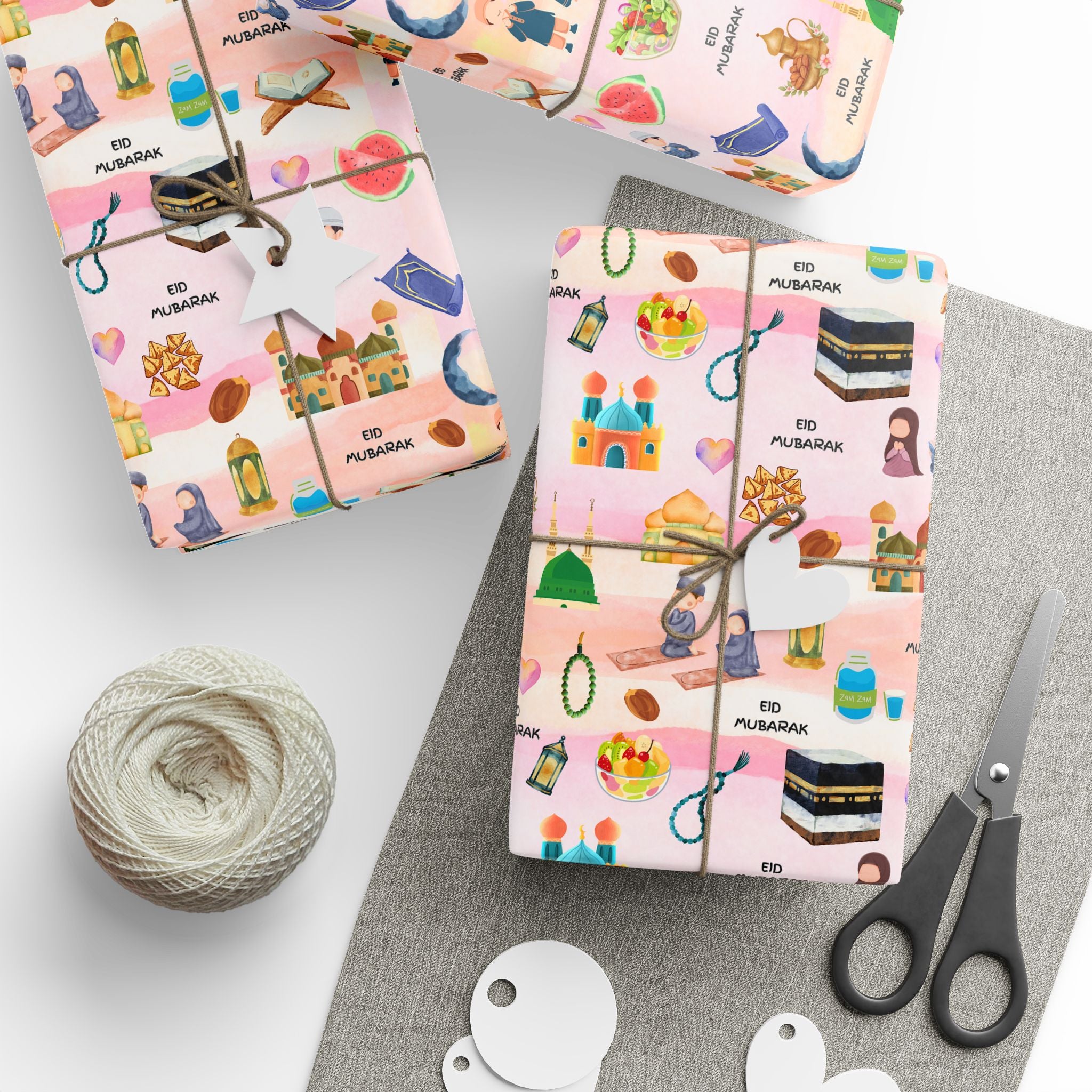 Pink Kids Islamic Gift Wrapping Paper | Colourful Eid Mubarak Gift Wrap | Kaaba, Quran Mosque Design | Muslim Children Gifts