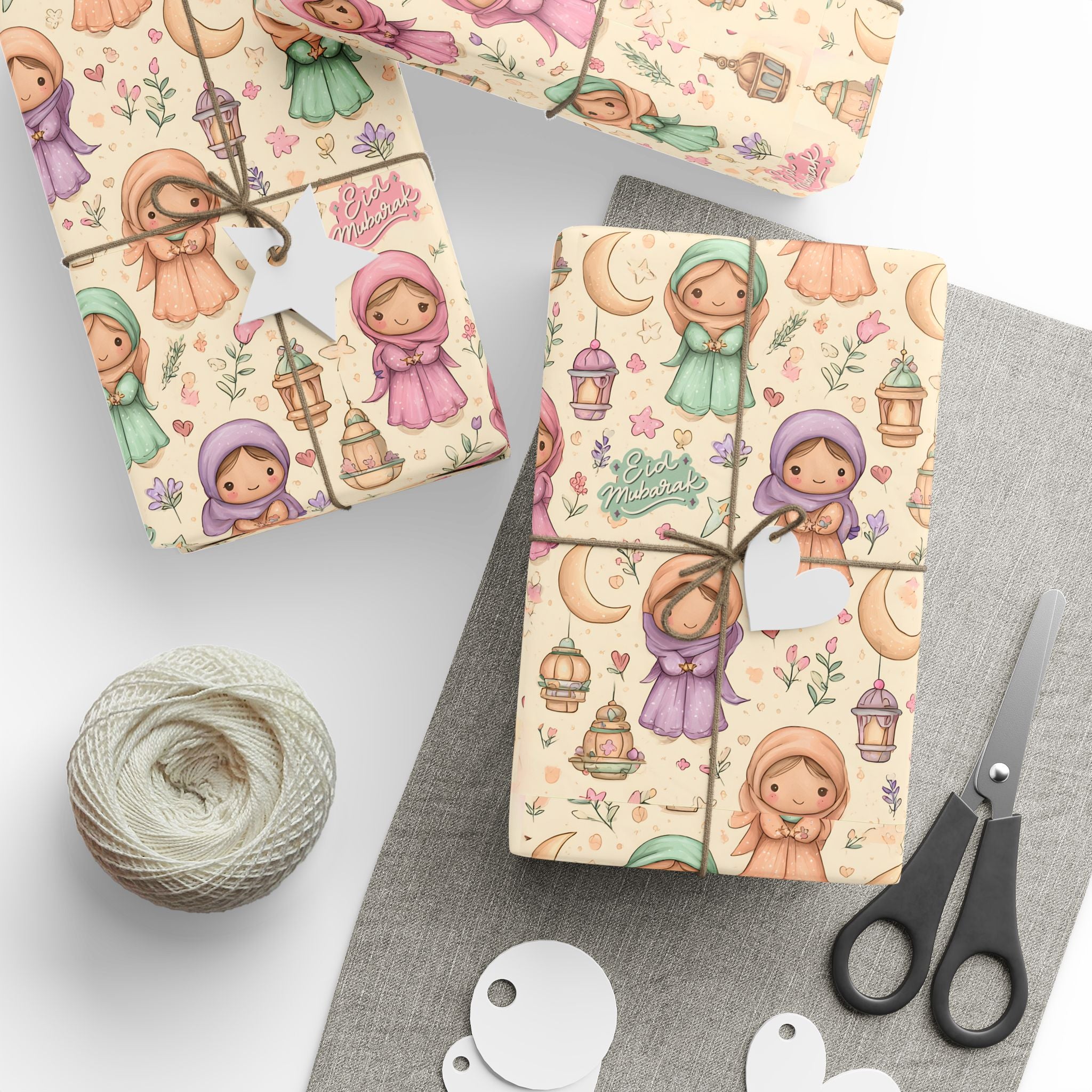 Eid Mubarak Girls Wrapping Paper | Cute Hijab Dolls Gift Wrap | Islamic Eid Gift Wrap for Kids | Pastel Eid Paper