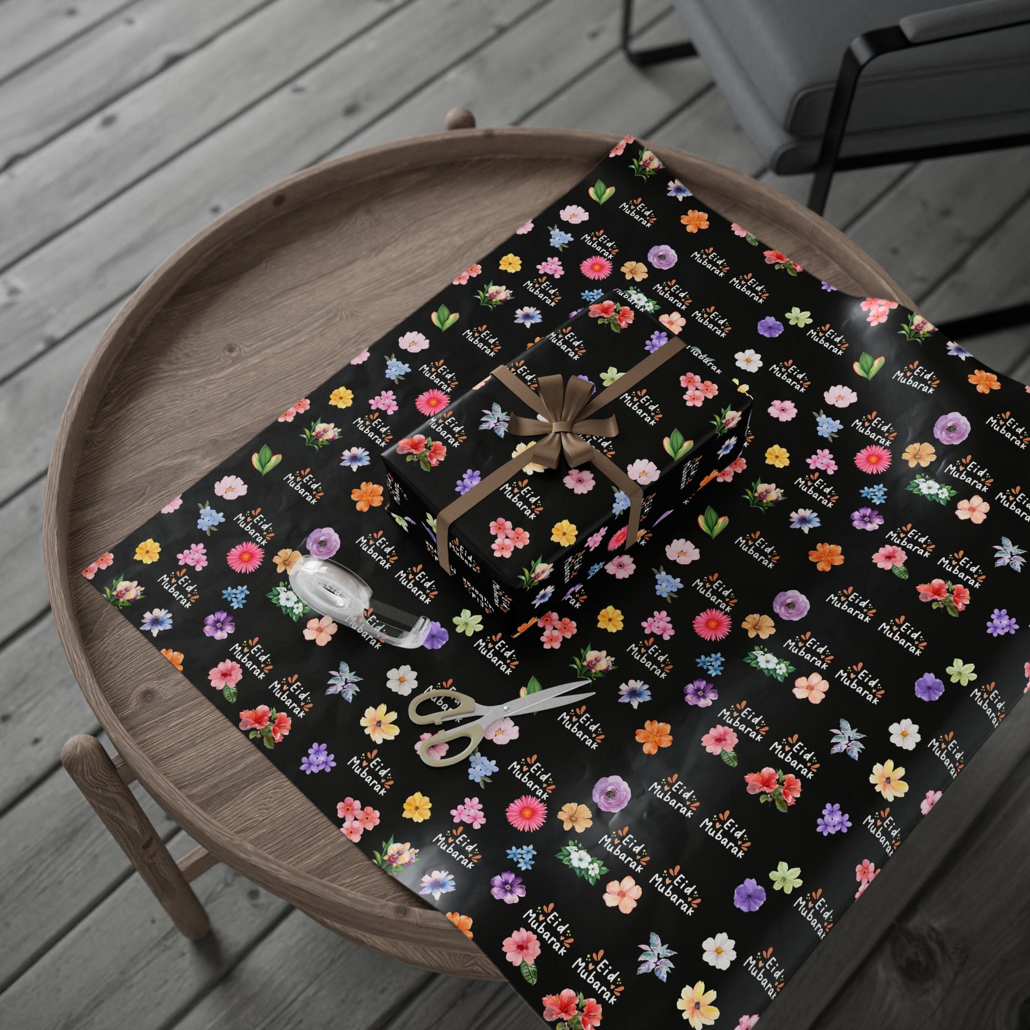 Eid Mubarak Floral Pattern Wrapping Paper | Black Background