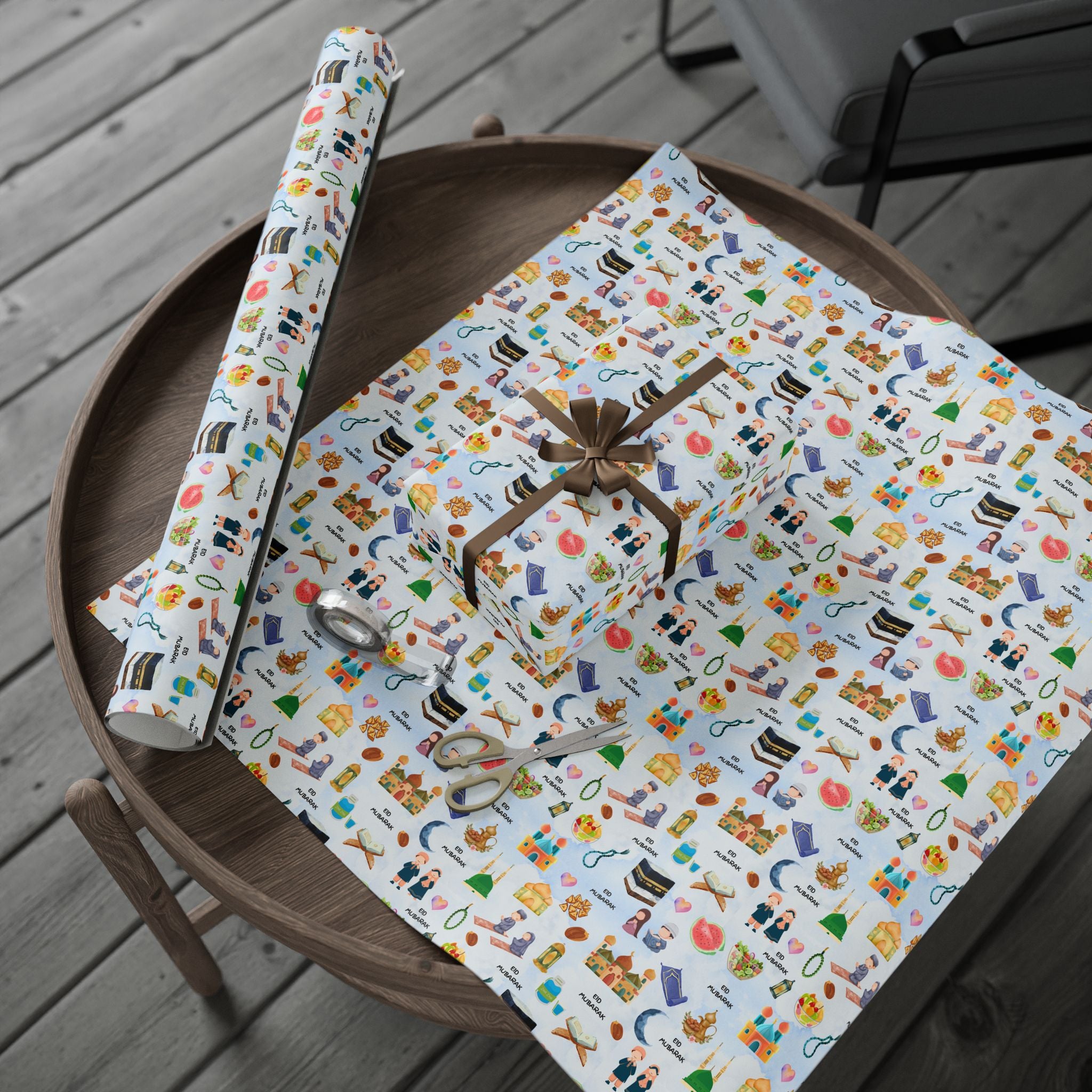 Blue Kids Islamic Gift Wrapping Paper | Colourful Eid Mubarak Gift Wrap | Kaaba, Quran Mosque Design | Muslim Children Gifts