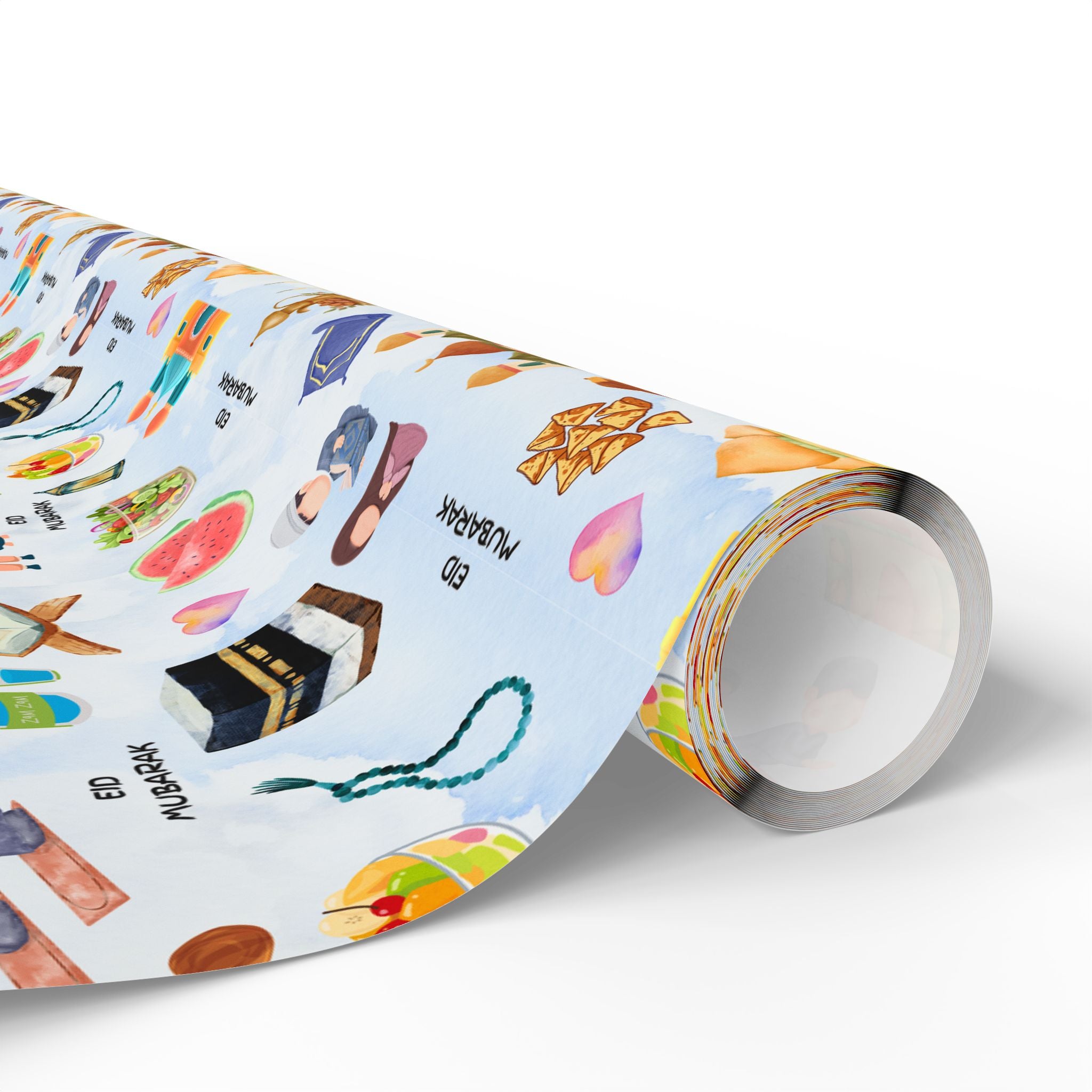 Blue Kids Islamic Gift Wrapping Paper | Colourful Eid Mubarak Gift Wrap | Kaaba, Quran Mosque Design | Muslim Children Gifts