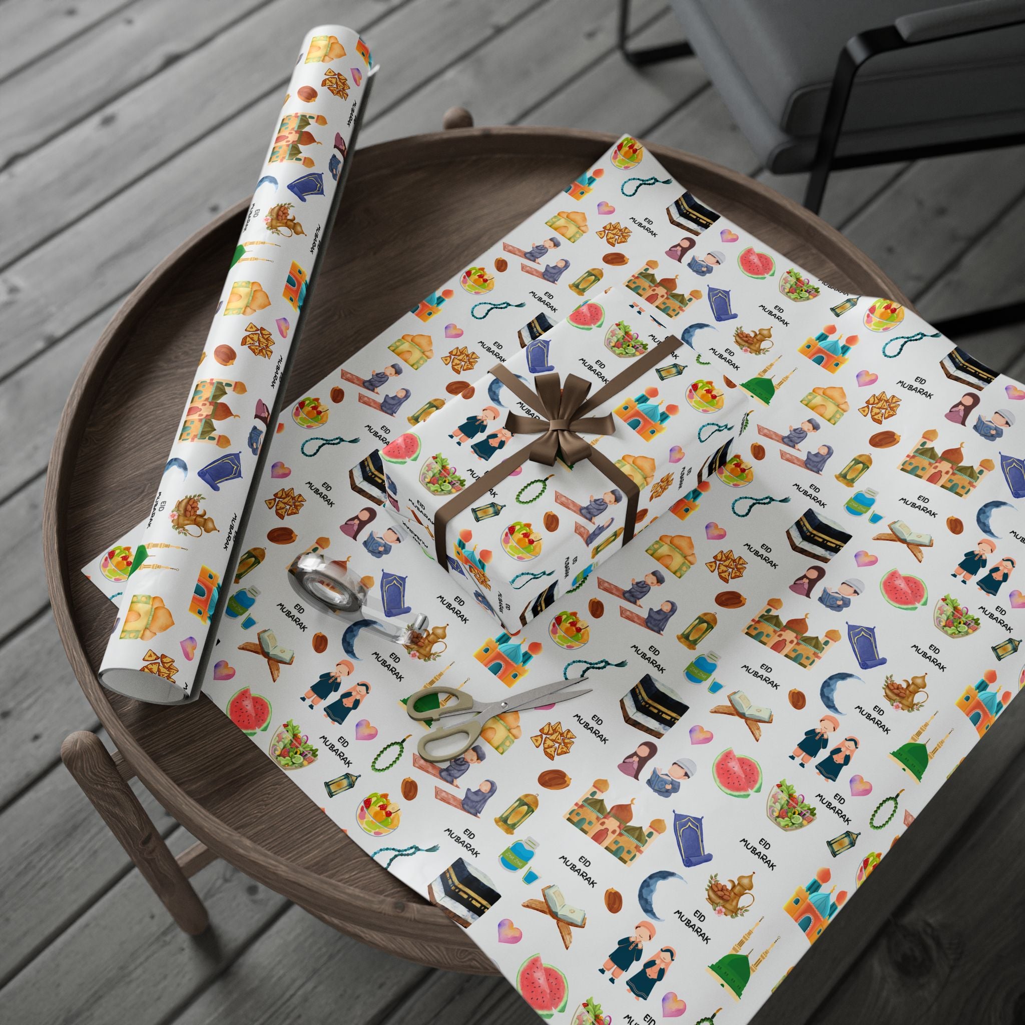 White Kids Islamic Gift Wrapping Paper | Colourful Eid Ramadan Gift Wrap | Kaaba, Quran Mosque Design | Muslim Children Gifts