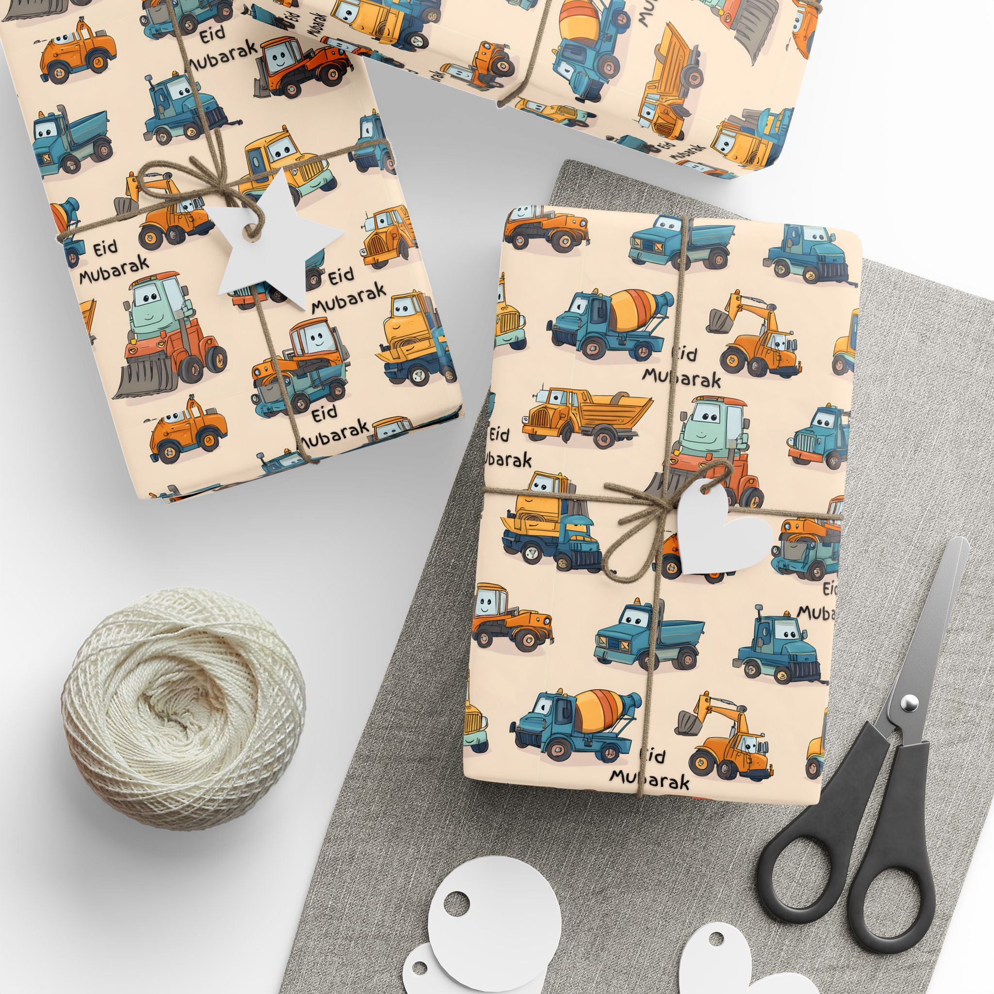 Eid Mubarak Gift Wrapping Paper for Boys | Colourful Transport & Construction Vehicles | Islamic Kids Gift Wrap | Cream Background