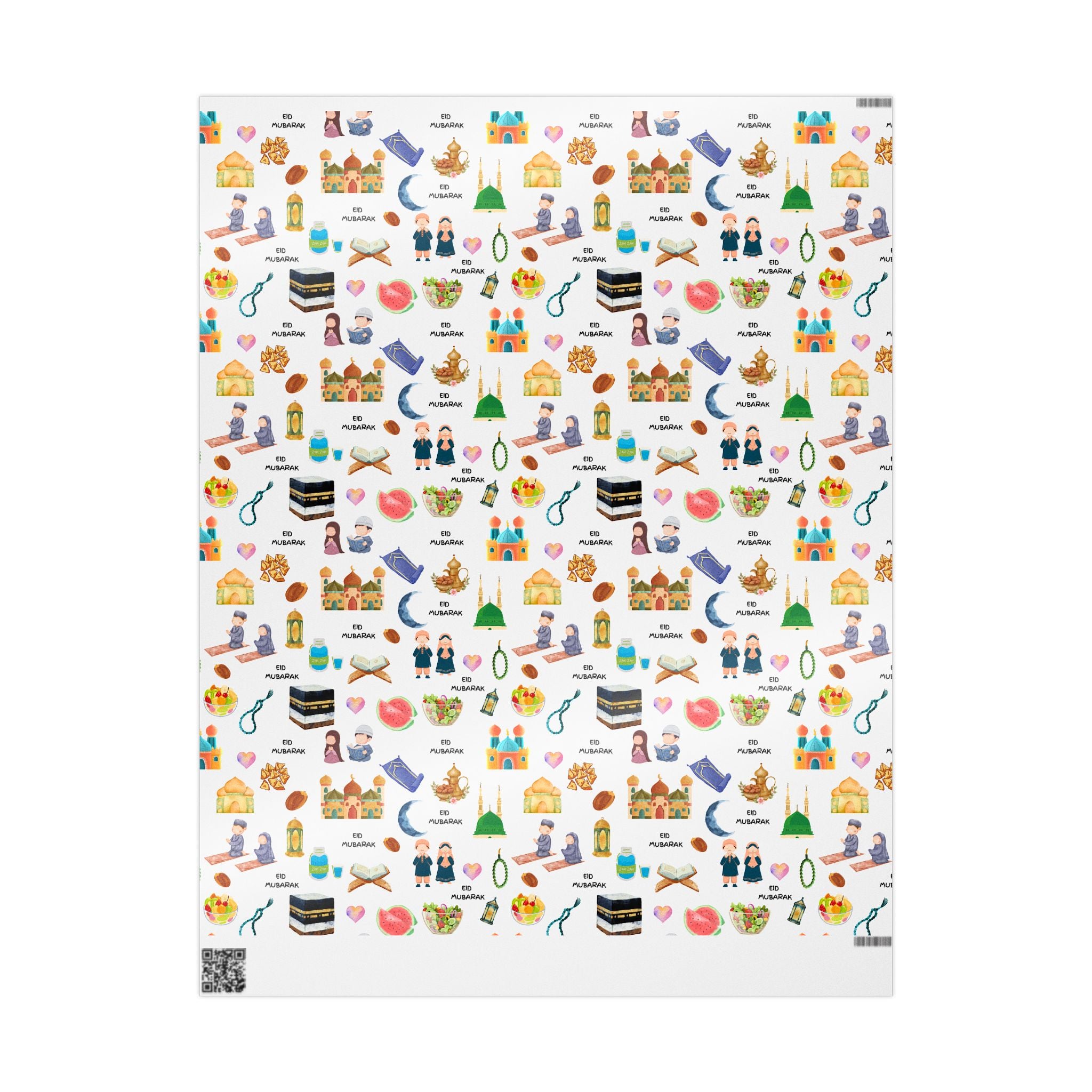 White Kids Islamic Gift Wrapping Paper | Colourful Eid Ramadan Gift Wrap | Kaaba, Quran Mosque Design | Muslim Children Gifts