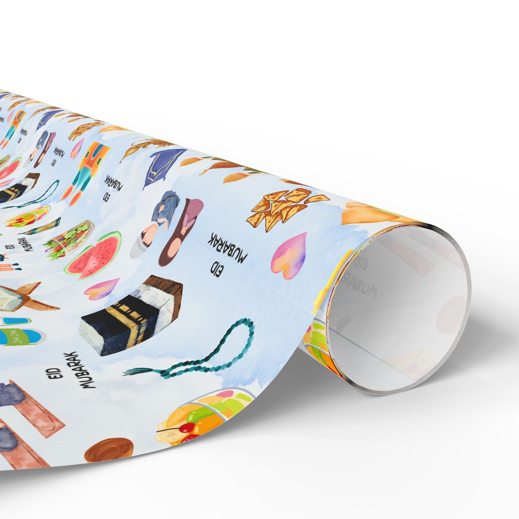 Blue Kids Islamic Gift Wrapping Paper | Colourful Eid Mubarak Gift Wrap | Kaaba, Quran Mosque Design | Muslim Children Gifts