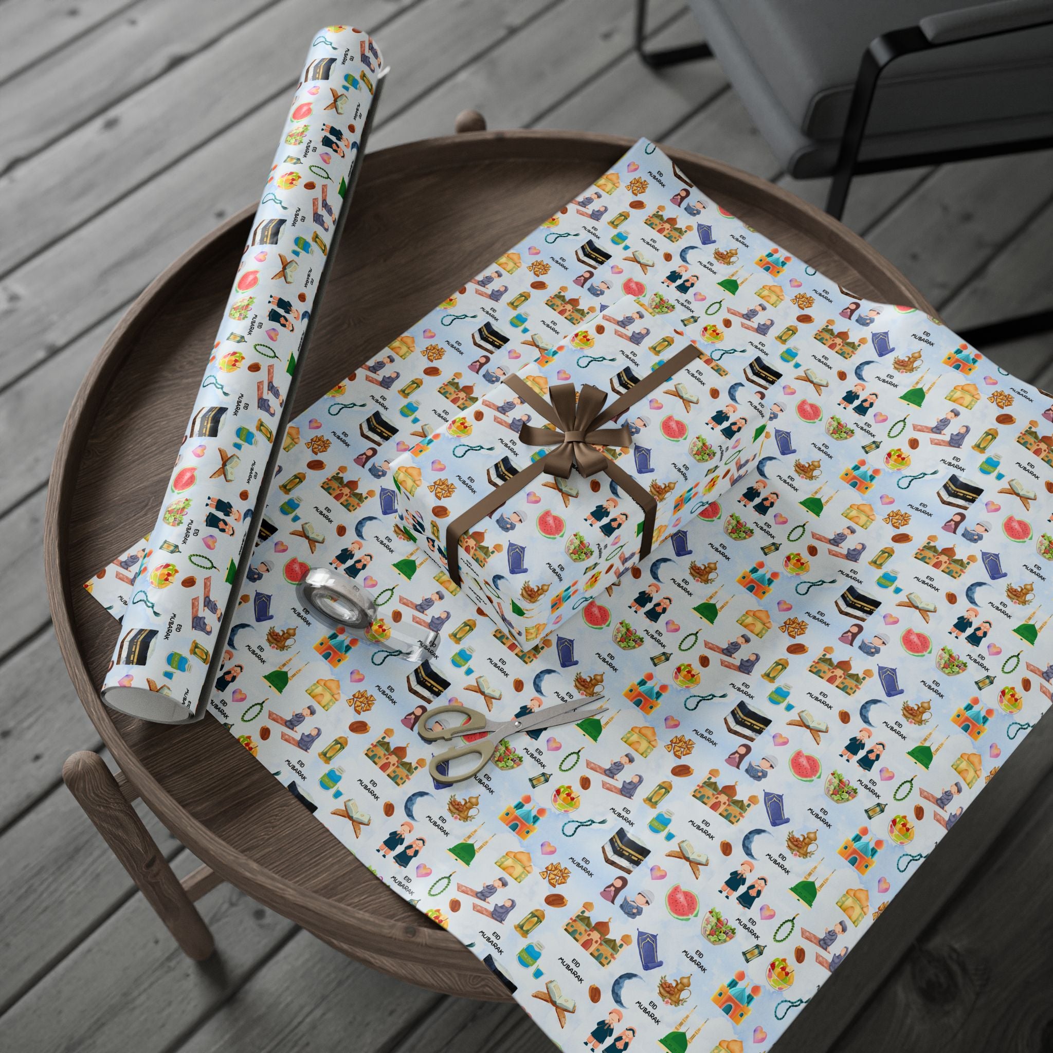 Blue Kids Islamic Gift Wrapping Paper | Colourful Eid Mubarak Gift Wrap | Kaaba, Quran Mosque Design | Muslim Children Gifts